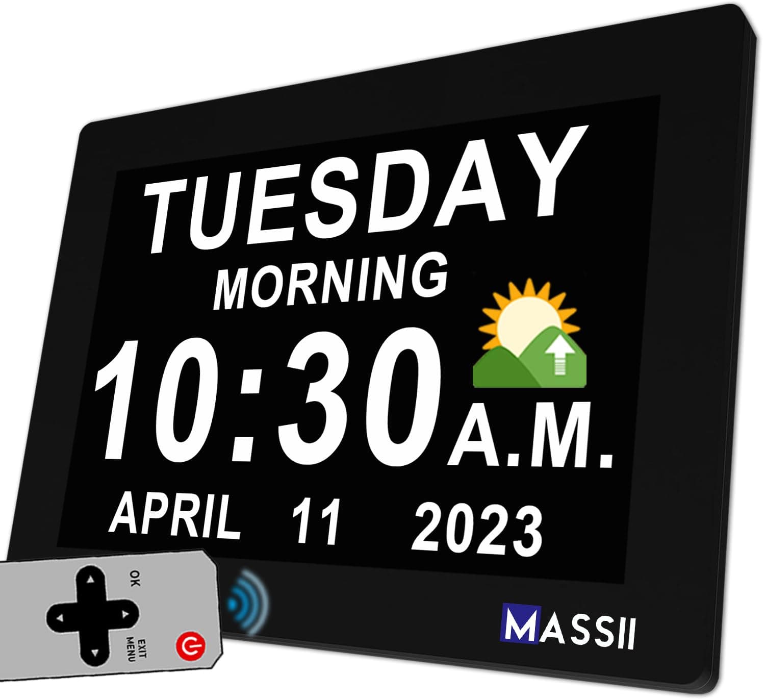MASSIIDigital Clock with Date and Week for Seniors, Non-Abbreviated Calendar for Dementia, Automatic DST, 20 Personalized Reminders, Adjustable Brightness, Loud Alarms, Memory Function (7