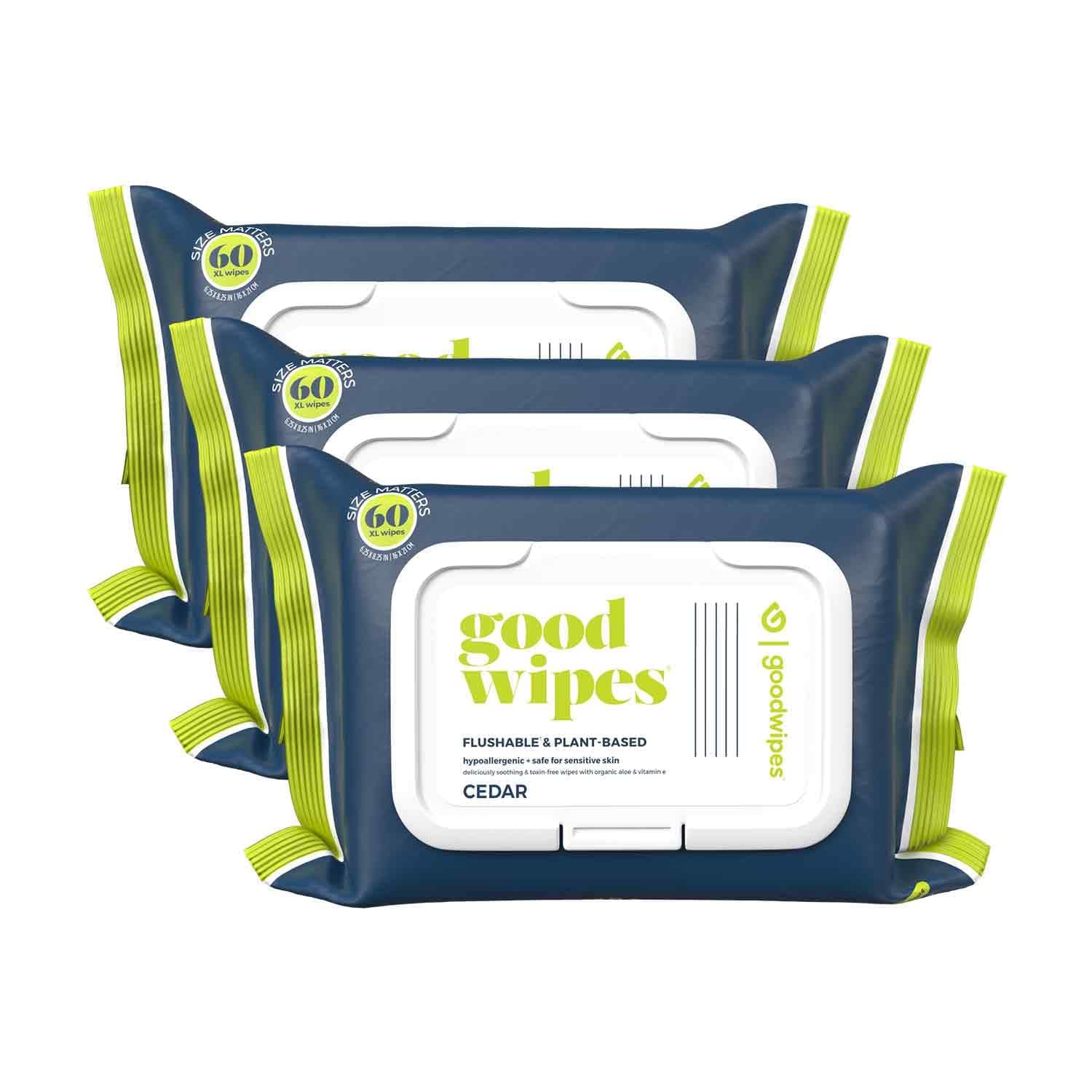 goodwipes Flushable Butt Wipes Made with Vitamin E & Aloe - Soft & Gentle Wet Wipe Dispenser for Home Use, Septic & Sewer Safe - Largest Adult Toilet Towelettes - Cedar, 180 Count (3 Packs)