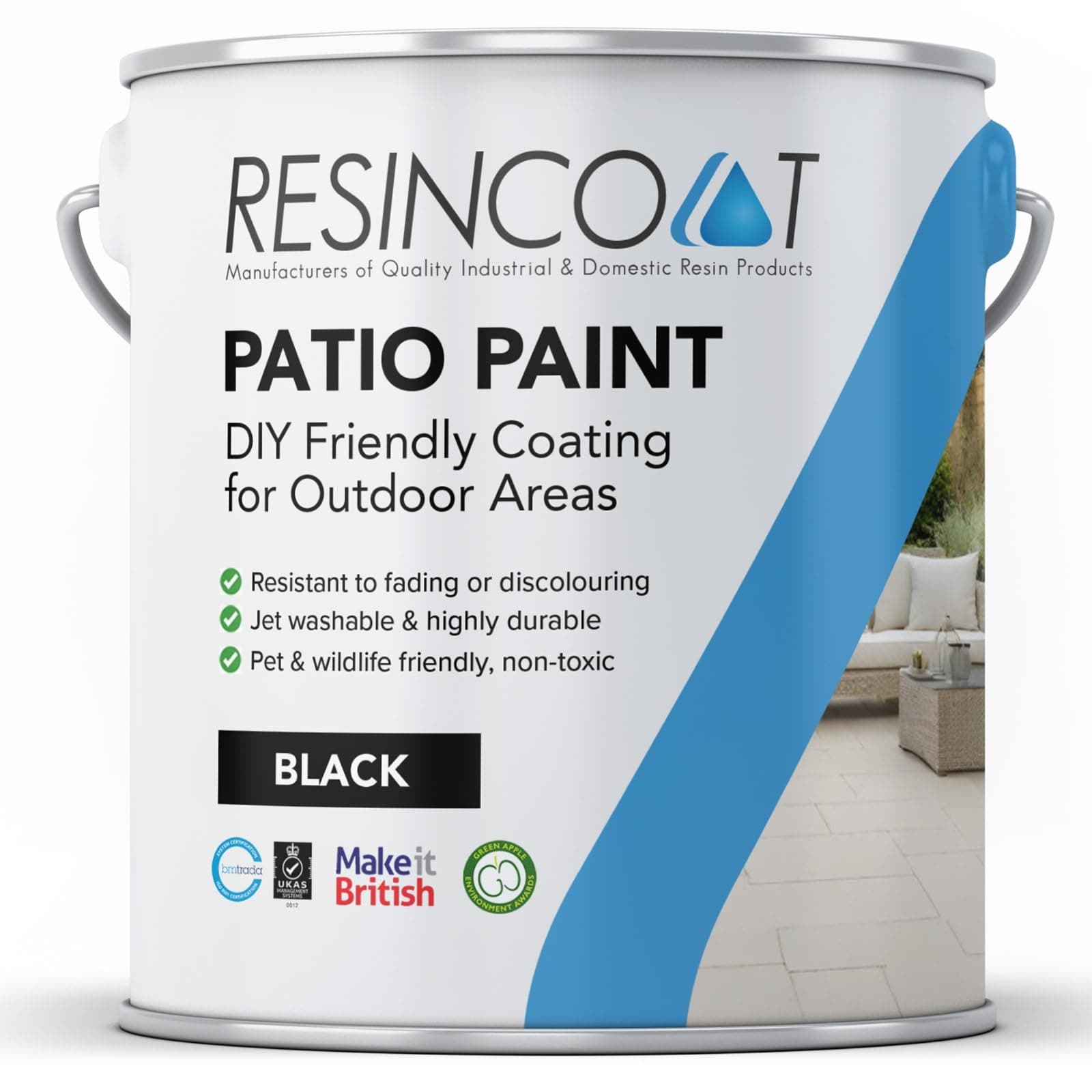 Resincoat Outdoor Patio Paint, UV & Weather Resistant, Easy to Apply Matte Finish Concrete Paint for Slabs & Flags, Black, 5KG