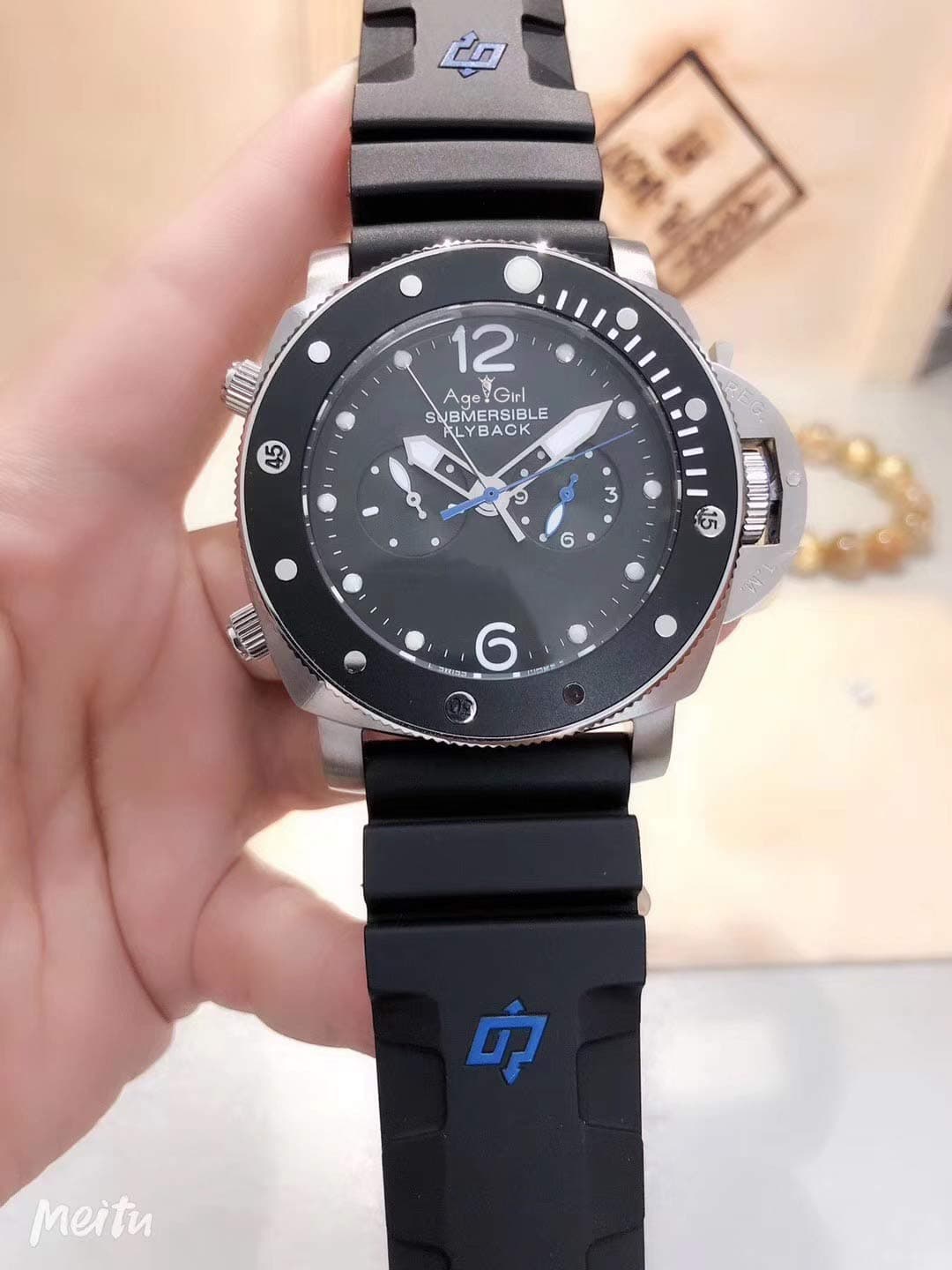 PLKNVT Men Automatic Mechanical Sapphire Flyback Silver Stainless Steel Black Rubber Watch Luminous Ceramic Bezel