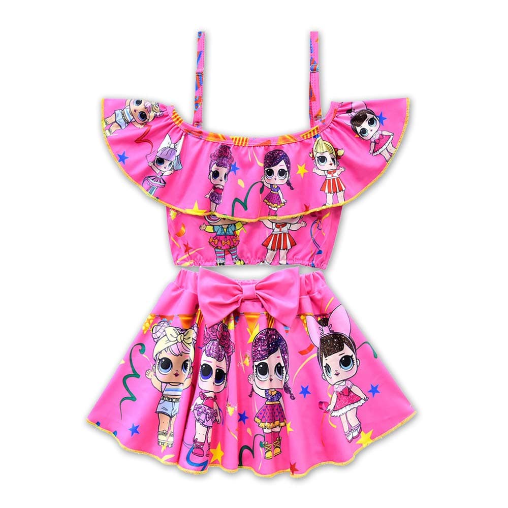 Rohero Toddler Baby Girls Swimsuits Two Piece Doll Print Ruffle Swimwear Bathing Suit for Doll Surprised