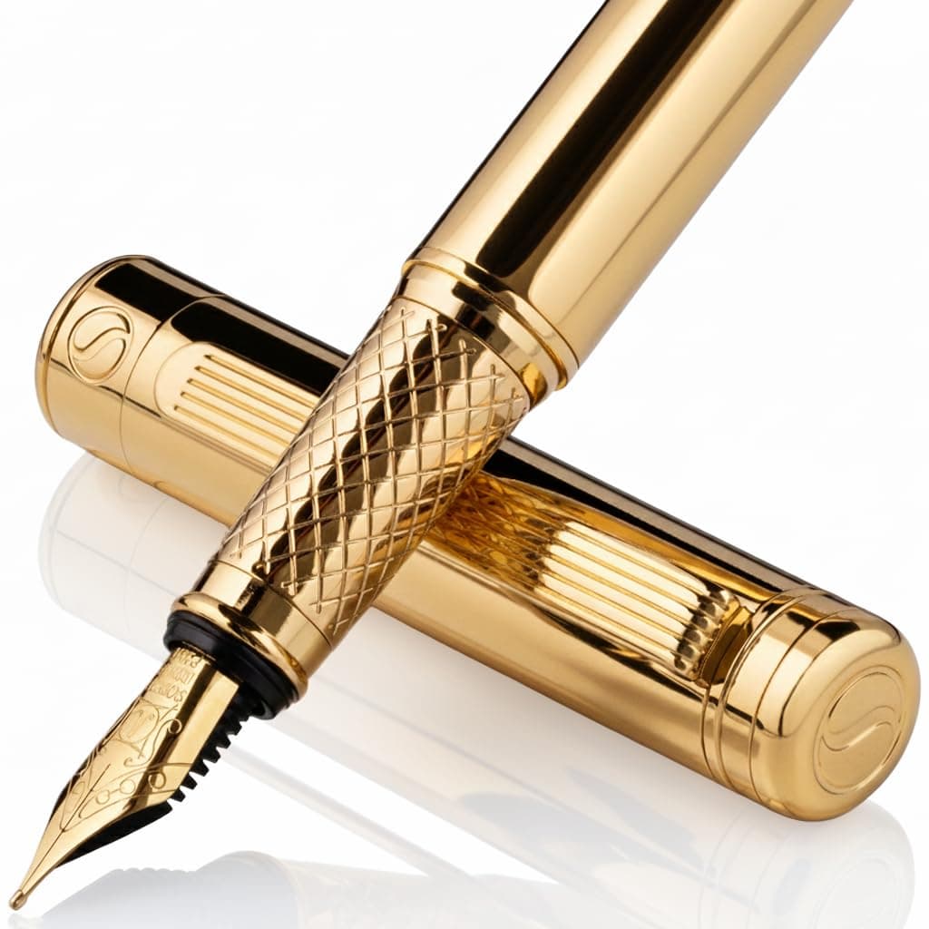 Scriveiner Luxury Fountain Pen - Stunning Gold Pen, Real Gold Plating, Schmidt Gilded Nib (Medium), Converter, Best Pen Gift Set for Men & Women, Professional, Executive, Office, Nice Pens