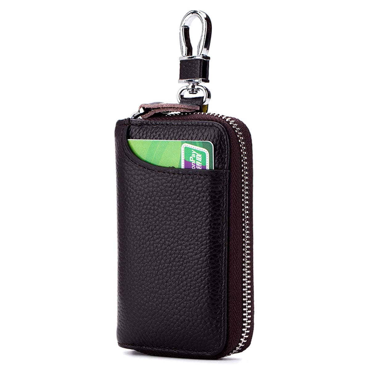 Genuine Leather Car Keychain Key Holder Case Bag Wallet Cover with Zipper Credit Card Holder (Dark Brown)