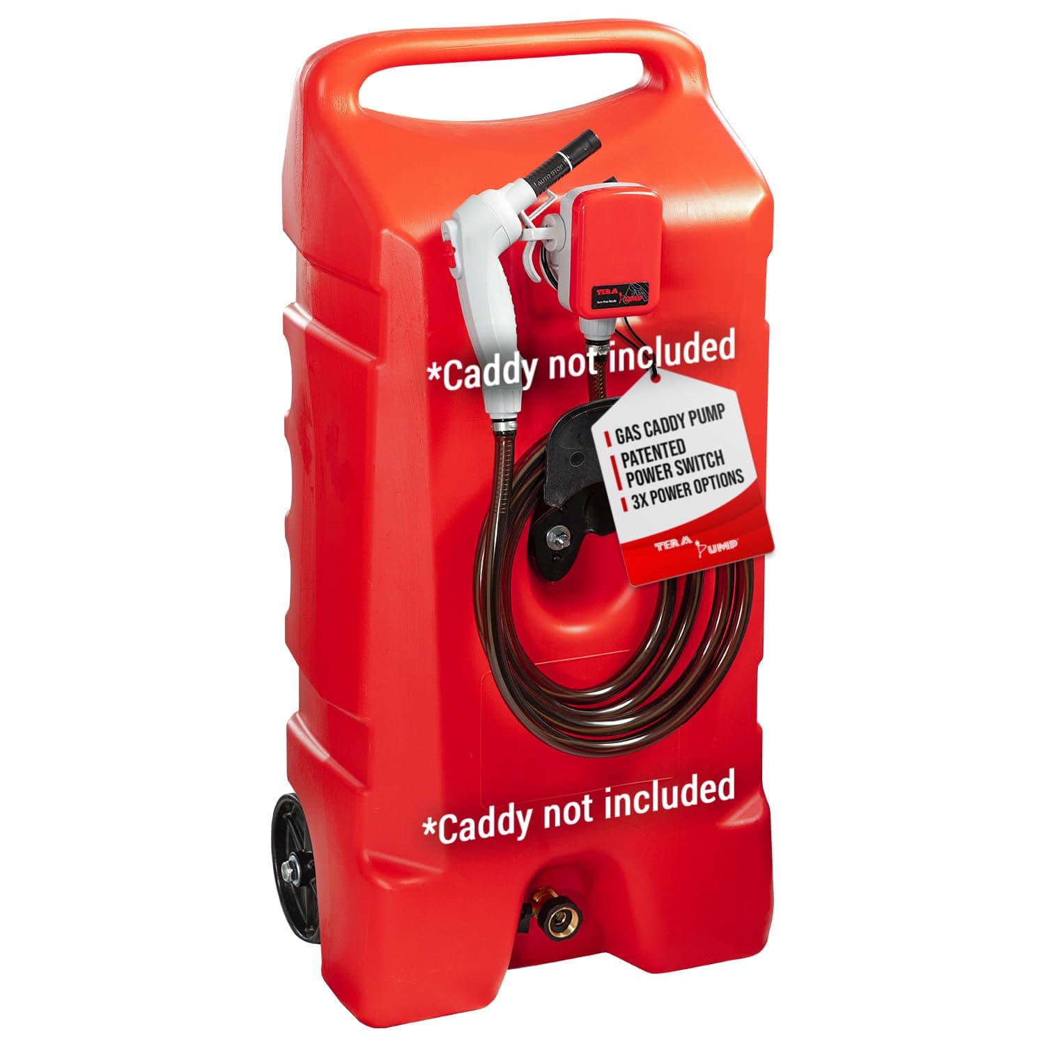 TERA PUMP Next Gen Automatic Gas Caddy Fuel Transfer Pump with Auto-Stop Sensor for Overfill protection, 2.6 GPM, 14-Gallon Gas Caddies, 3 Power Options, 9.8 ft Vinyl Hose (Caddy Not Included)