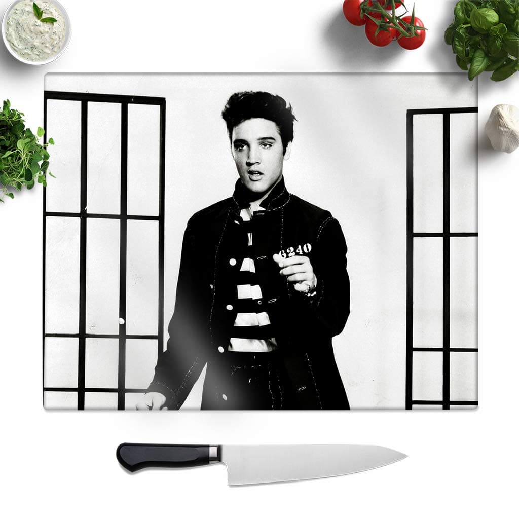 Big Box Art Textured Glass Chopping Board with Elvis Presley Jailhouse Rock (2) Print | Small Worktop Protector | Serving Platter, Multi-Colour, 27.5 x 19.5 cm