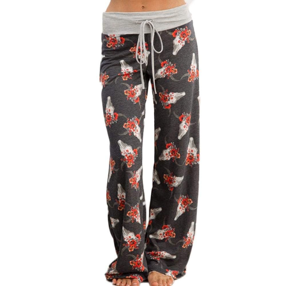 TOYIS Casual Yoga Pants,Womens Floral Yoga Palazzo Drawstring Casual Loose Wide Leg Pants Trousers Leggings (Dark Grey 0629,M=UK 8-10)