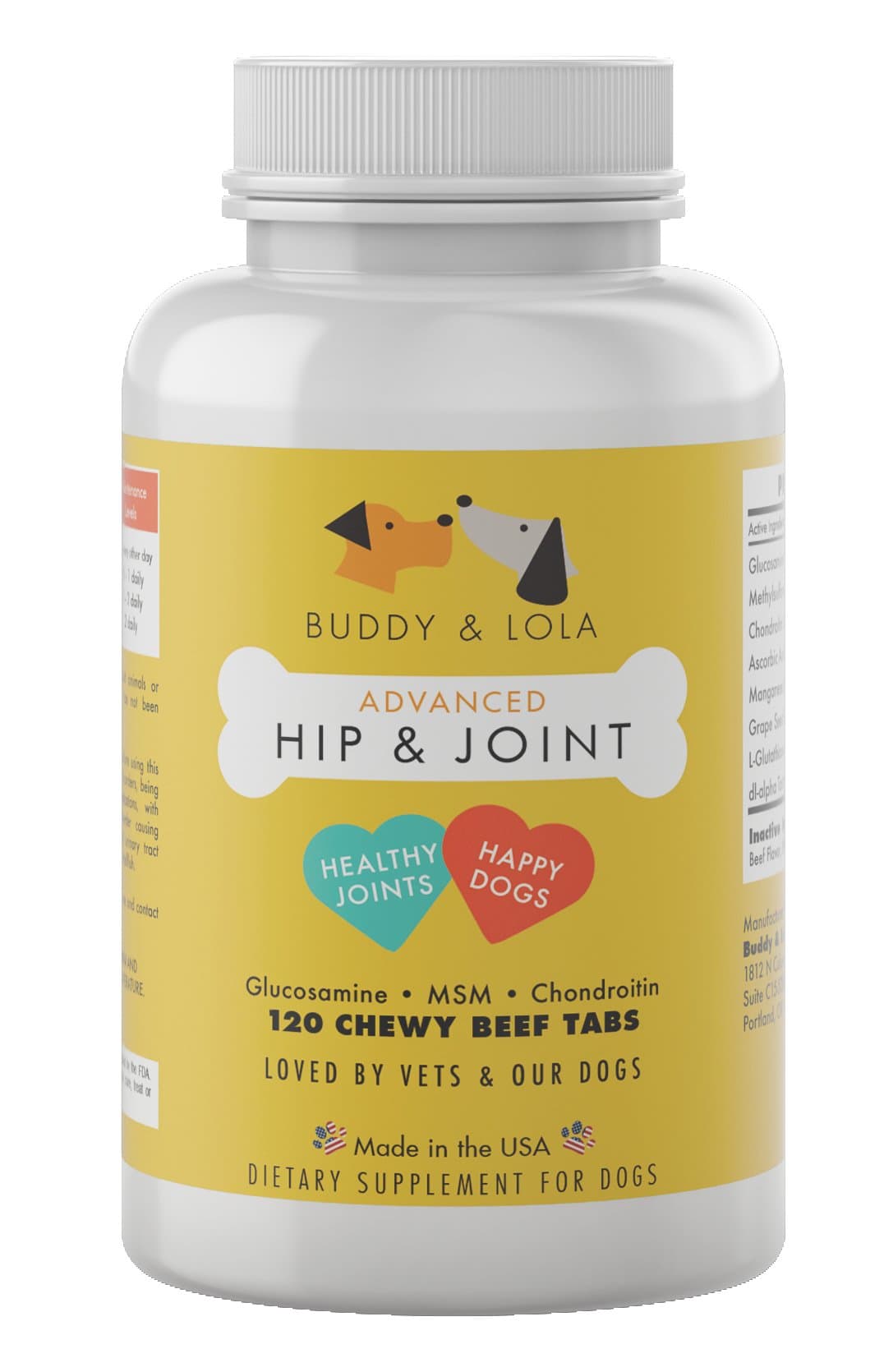 Buddy & Lola Dog Hip and Joint Supplement - 800mg Extra Strength Glucosamine for Dogs - 120 Dog Joint Supplement Chews with MSN, Chondroitin for Mobility and Arthritis Pain Relief for Dogs