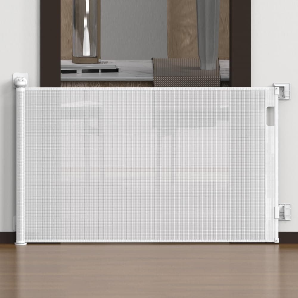 Hcosmy Retractable Baby Gate, Mesh Baby Gate or Mesh Dog Gate, Extra Wide Safety Baby Gate 34" Tall, Extends to 70" Wide, Pet Dog Gate for Stairs, Indoor/Outdoor (White 70“x34”)
