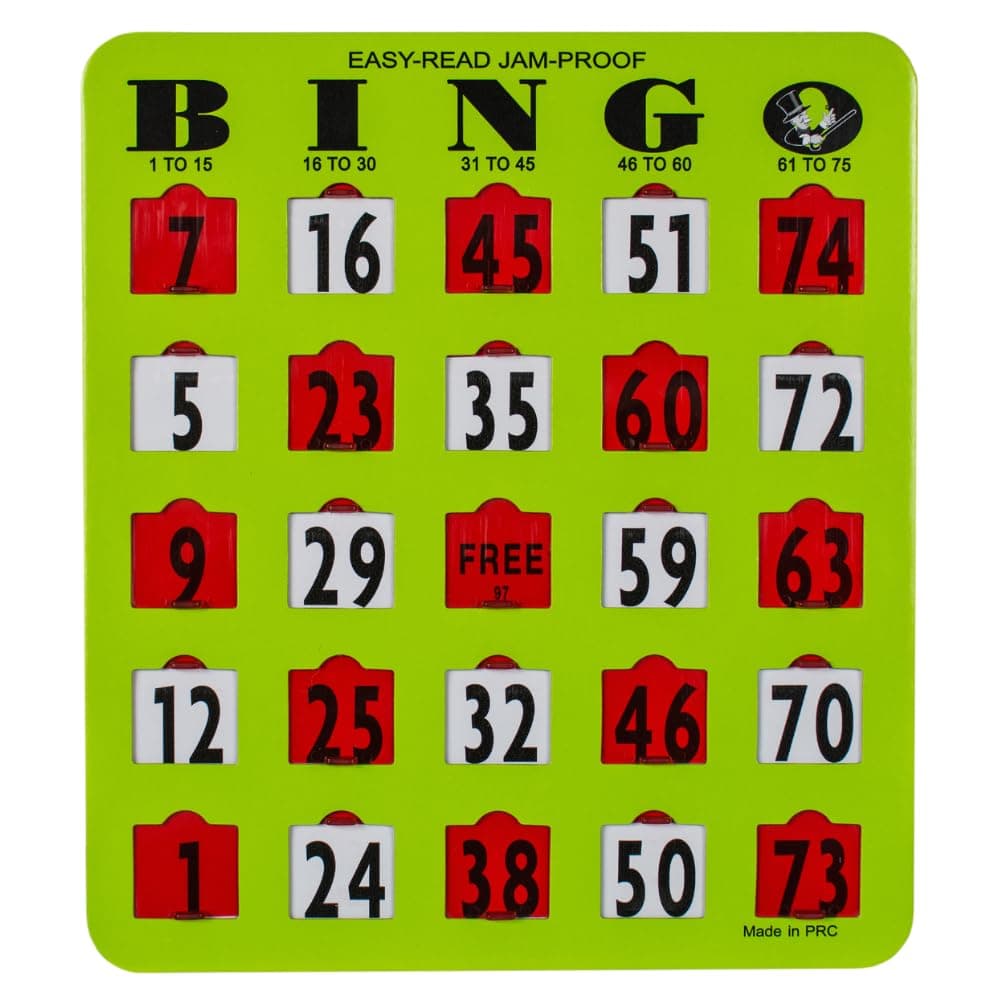 MR CHIPS Jam-Proof Easy-Read Large Print Fingertip Bingo Cards with Sliding Windows 10 Pack in Green Style