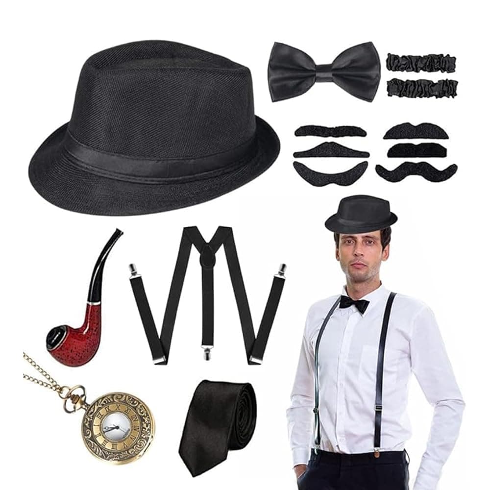 AMERTEER 1920s Gatsby Costume For Men - 14-Piece Fancy Dress Accessories Set With Panama Hat - Adjustable Elastic Suspenders, Bow Tie, Vintage Pocket Watch And False Beards - Great Gatsby Party Outfit