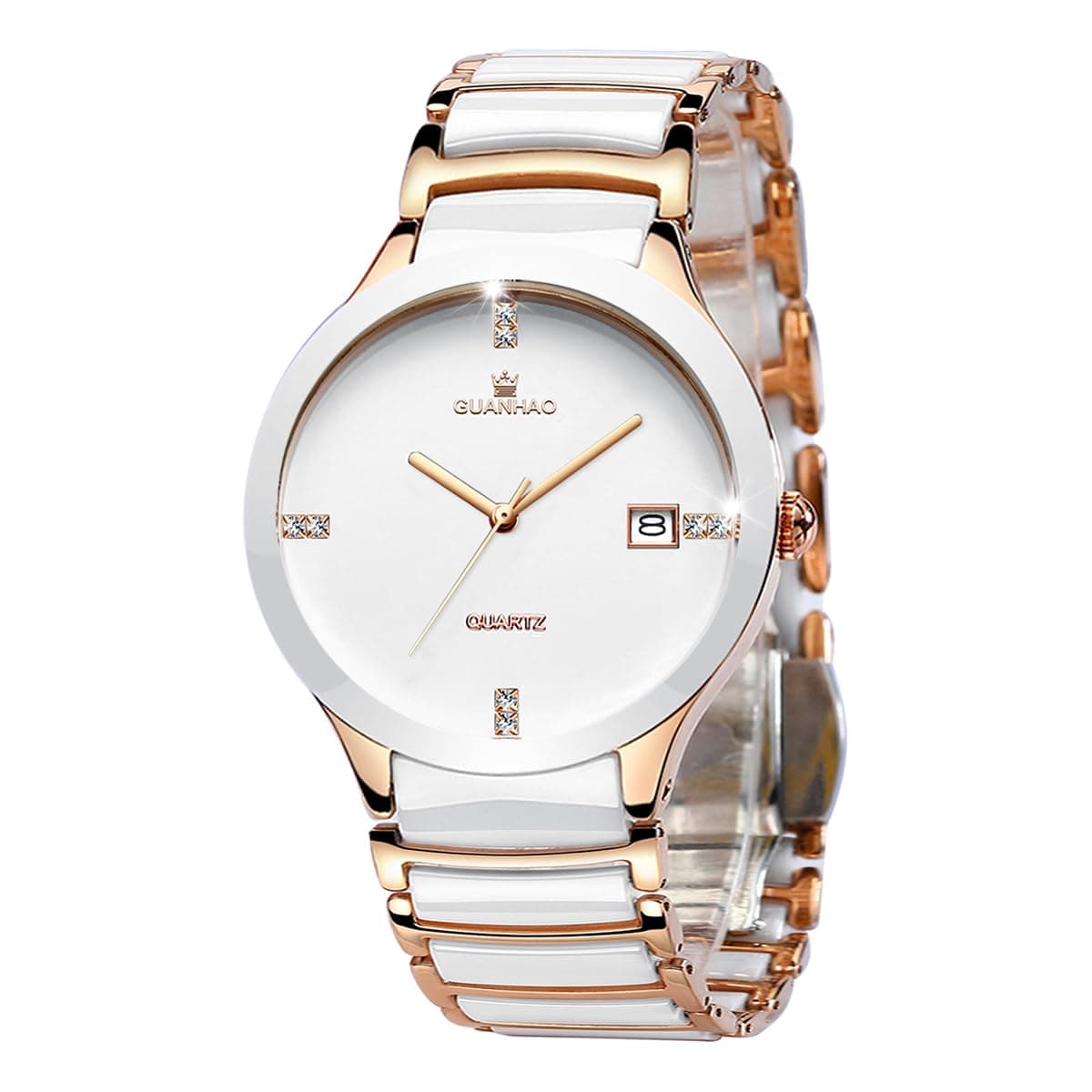 GUANHAO Ceramic Men Watches, Black Chronograph Dial, Dress Quartz Luminous Calendar Wristwatches for Men, Ceramic Band