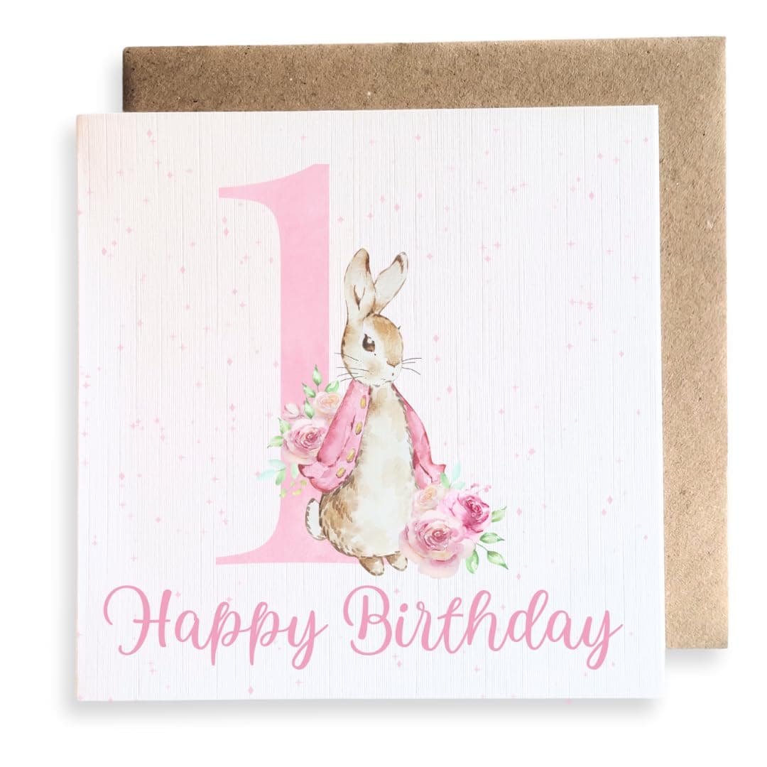 Second Ave Cute 1st Birthday Age 1 Pink Bunny Rabbit Square Happy Birthday Card Greeting Card for Girl