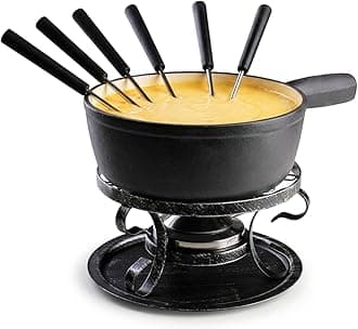 Cast Iron Fondue Pot Set for Cheese & Chocolate, Fondue Set for 6 with Burner & 6 Forks, Swiss Fondue Pot for Party, Family & Gift, Black