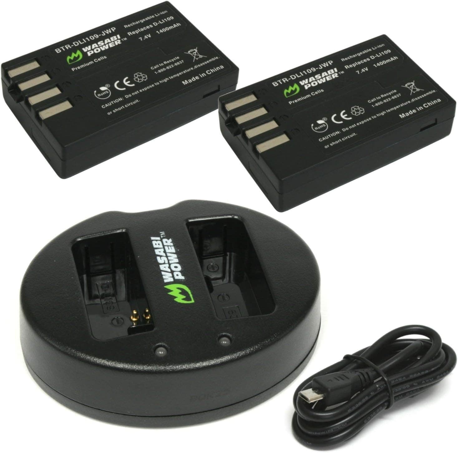 Wasabi Power Battery (2-Pack) and Dual USB Charger for Pentax D-LI109 and Pentax K-r, KP, KF, K-30, K-50, K-70, K-500