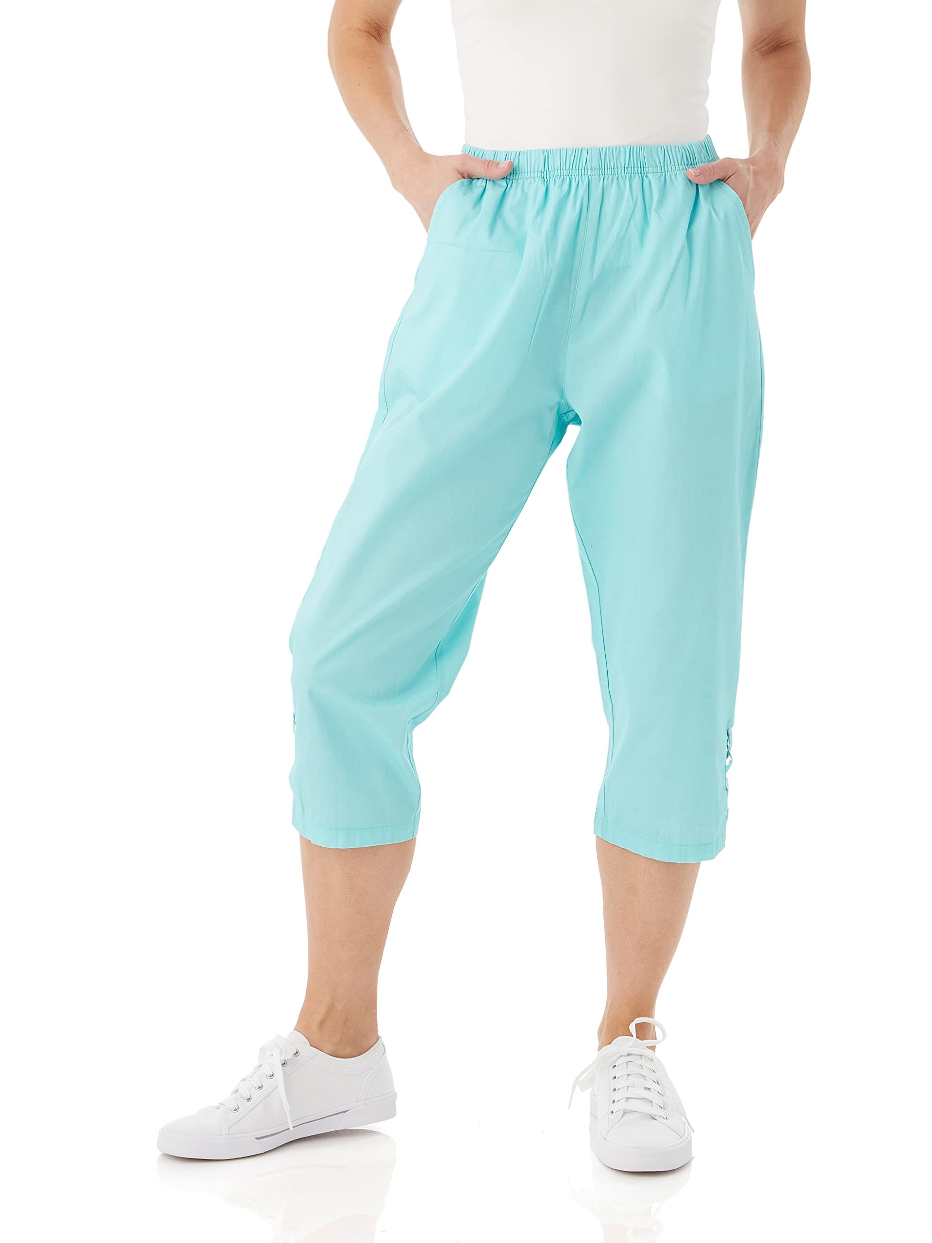 AmeriMark Women's Lattice Hem Capris 100% Cotton Pants with Elastic Waist