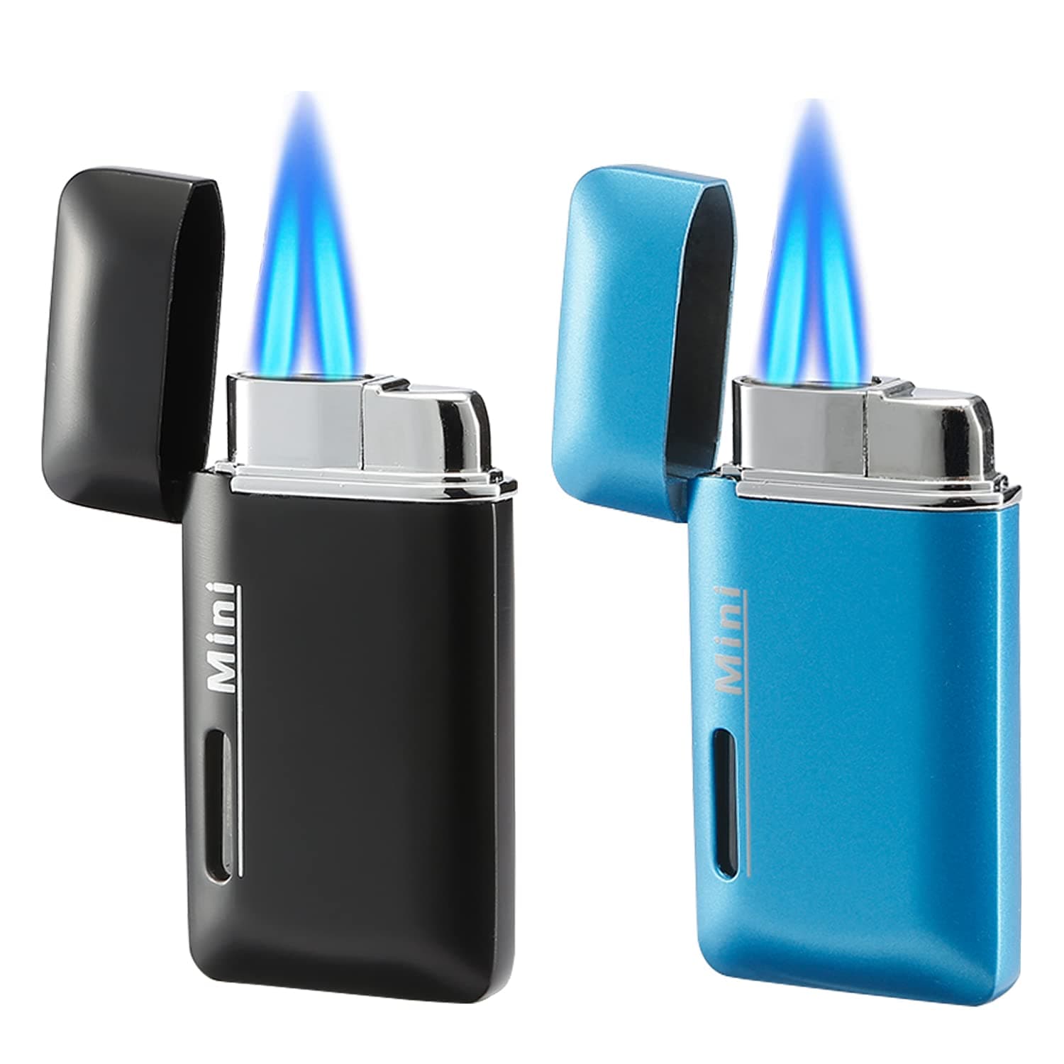 2 Pack Mini Butane Lighter, Double Jet Torch Lighter with Visible Window, Refillable and Adjustable Pocket Lighter, Great Little Gift for Men and Women, Black and Blue (Without Gas)