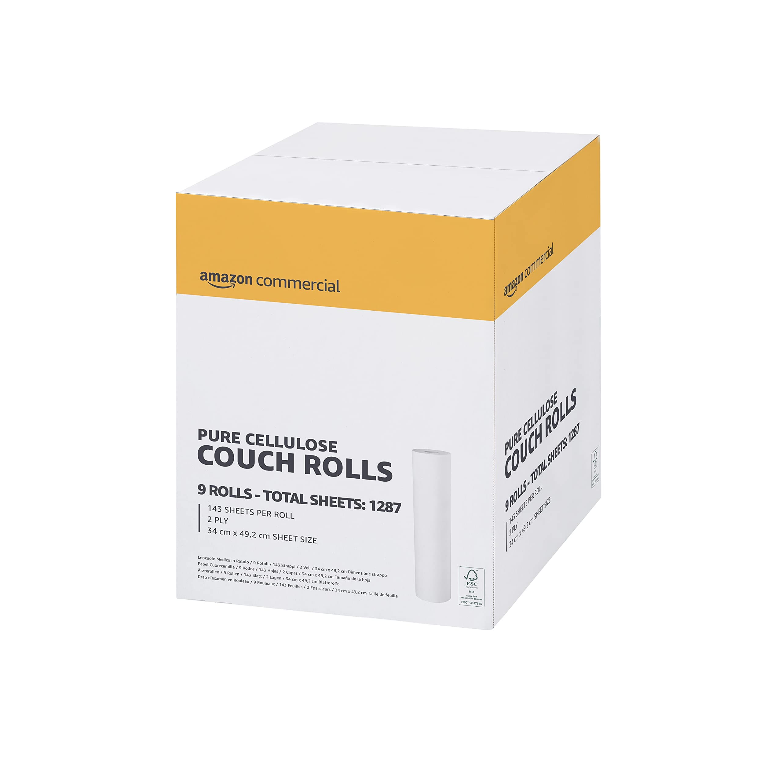 AmazonCommercial Paper Hygiene Couch Rolls, 2-ply Premium, 9 Rolls (1 pack), 50 Metres / 143 Sheets per Roll, Sheet Size: 34 cm x 49.2 cm