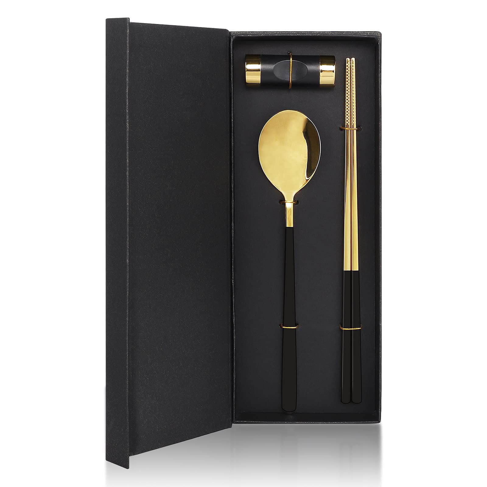 Stainless Steel Chopsticks Spoons and Chopsticks Holders, Flatware Gift Set (Black Golden)