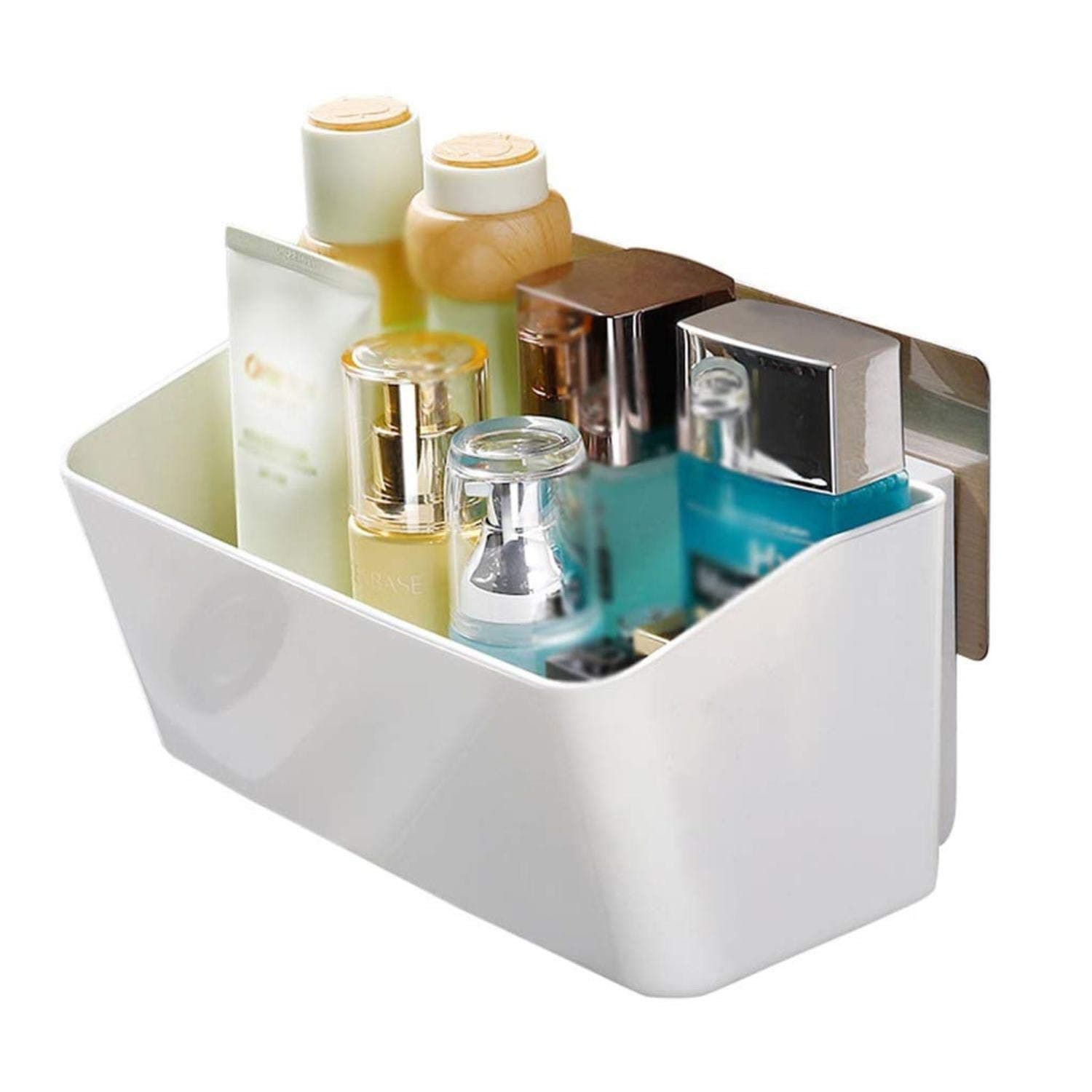 Merayo Magic Sticker Self Adhesive Wall Mounted Plastic Caddy Basket Shelf Kitchen/Bathroom Accessory/Cosmetic/Toiletry Storage Organizer Rack, White