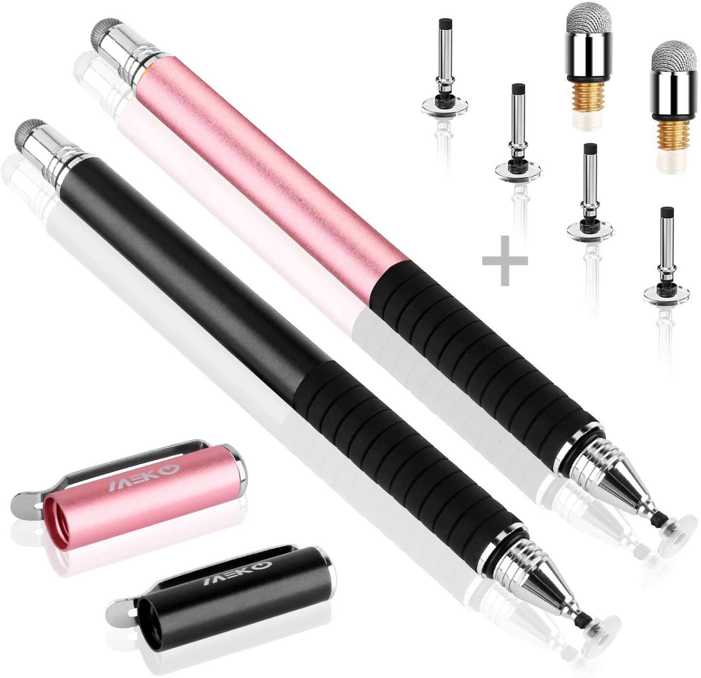 MEKO Universal Stylus,[2 in 1 Precision Series] Disc Stylus Touch Screen Pens for All Capacitive Touch Screens Cell Phones, Tablets, Laptops Bundle with 6 Replacement Tips - (2 Pcs, Black/Rose Gold)