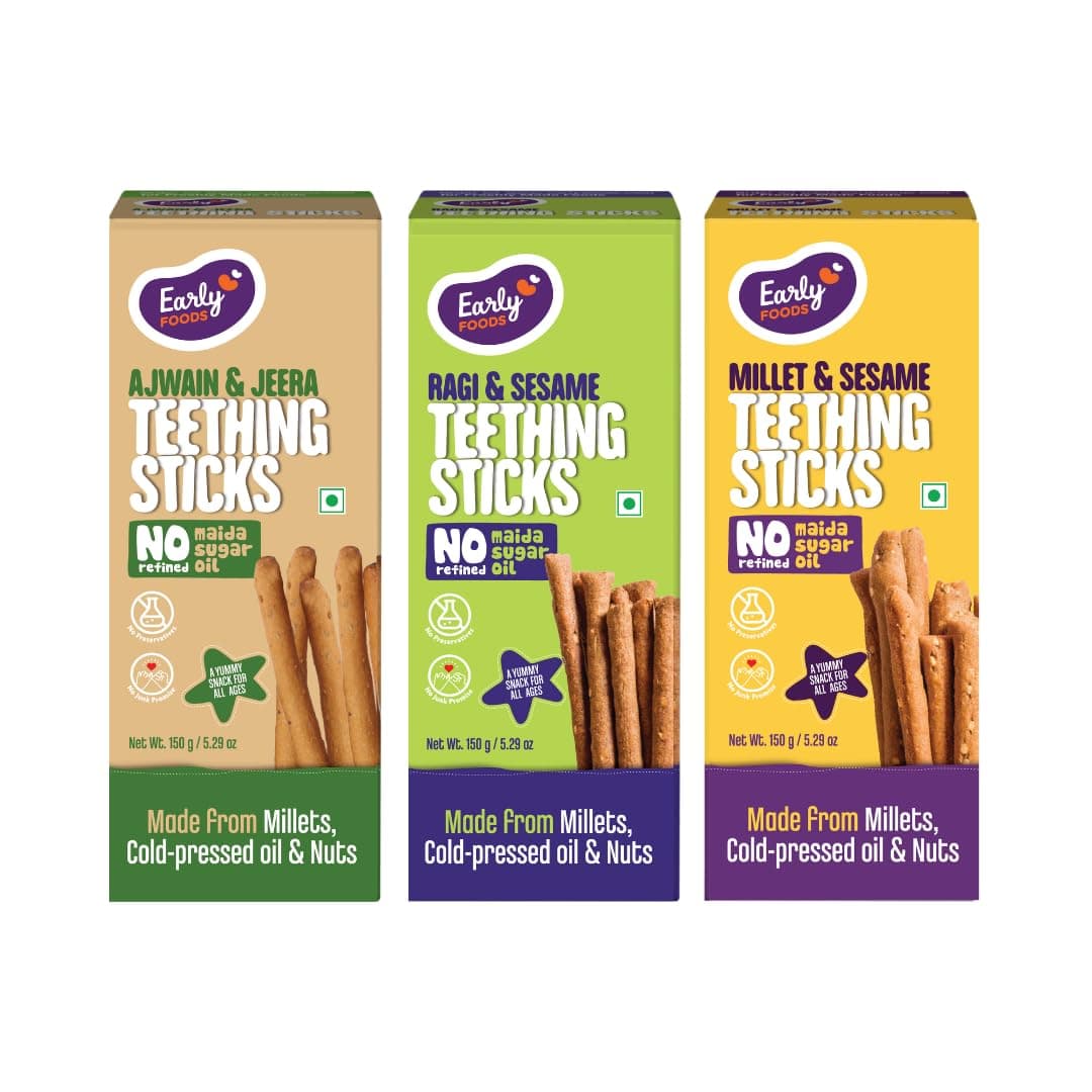 Early Foods - Pack of 3 - Whole Wheat Ajwain, Ragi Sesame & Millet Sesame Jaggery Teething Sticks 150g X 3