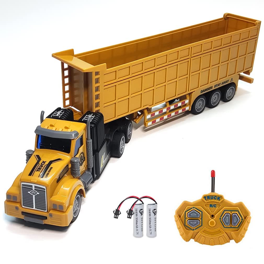 RC Dump Truck with Trailer - 14" 1:48 Mini Semi Truck Toy with 2 Rechargeable Batteries, Remote Control Car Construction Vehicles with Lights, Engineering Tractor Toy for 3 4 5 Years Kids Boys Girls