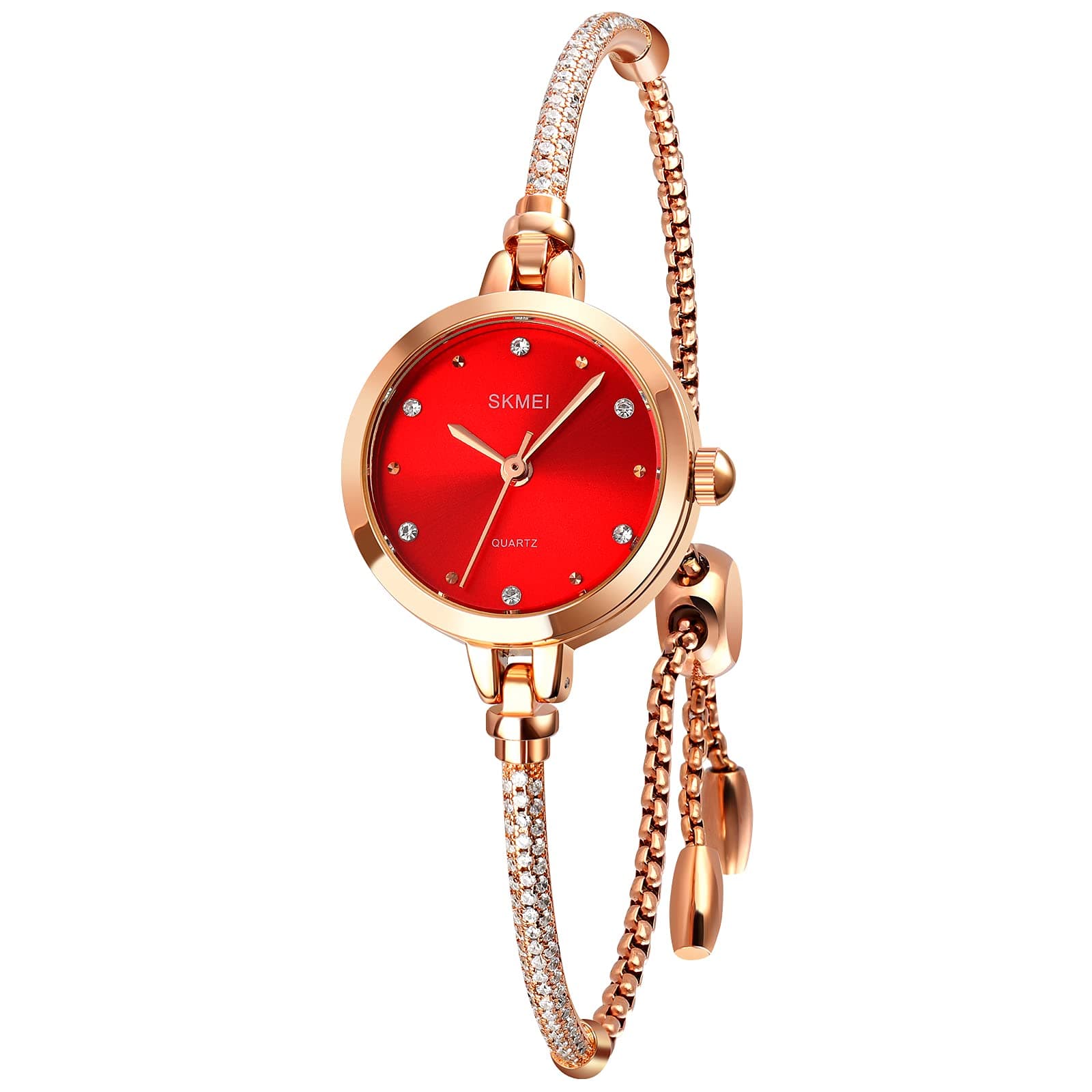 SKMEI Women Watch Bracelet Diamond Ladies Small Rose Gold Fashion Luxury Thin Waterproof Analog Quartz Casual Girls Wife Gift Silver Wrist Watch, L1805 Red, Fashion