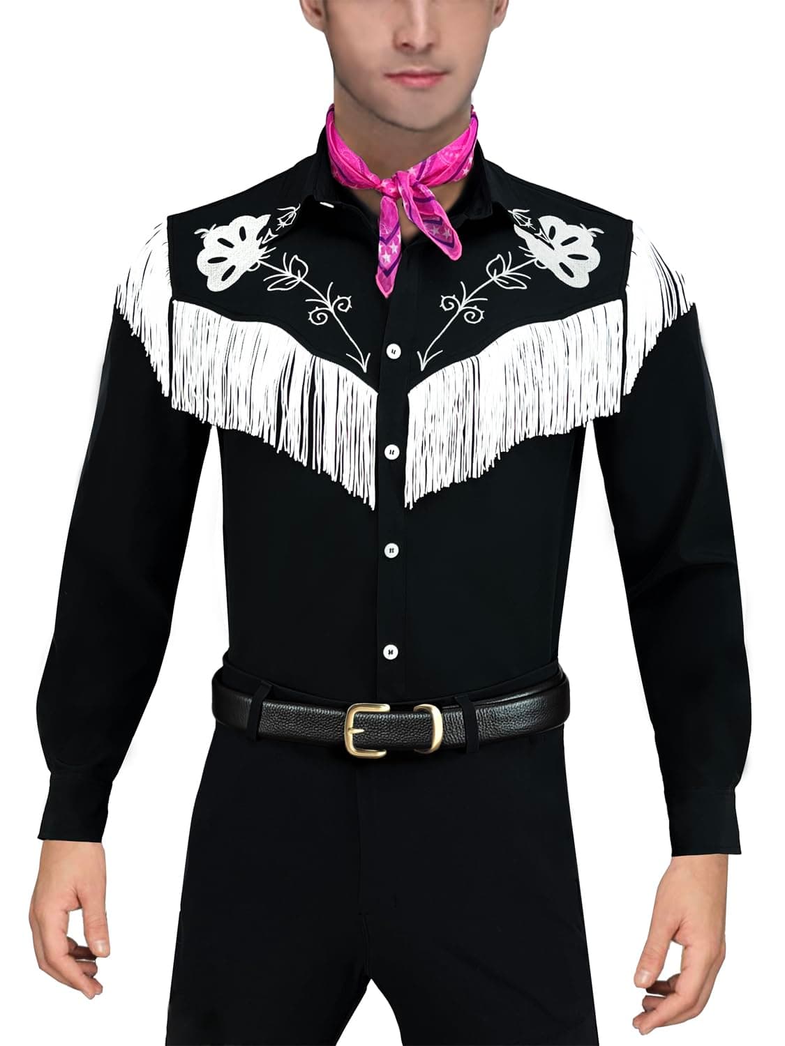 Cowboy Costume With Scarf Western Long Sleeve Fringe Shirt Halloween Cosplay For Mens Boys