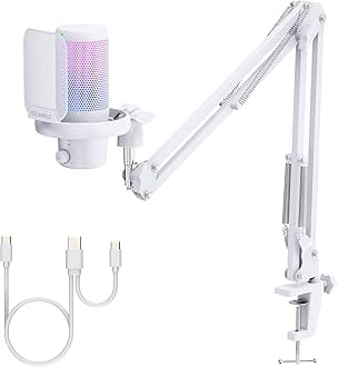 FEELWORLD VM1 White Gaming PC USB Microphone Condenser Mic with Noise Cancellation Mute RGB Light, Computer Accessories for Gamer YouTube Twitch Podcast Streaming Recording Online Chat PS4 PS5