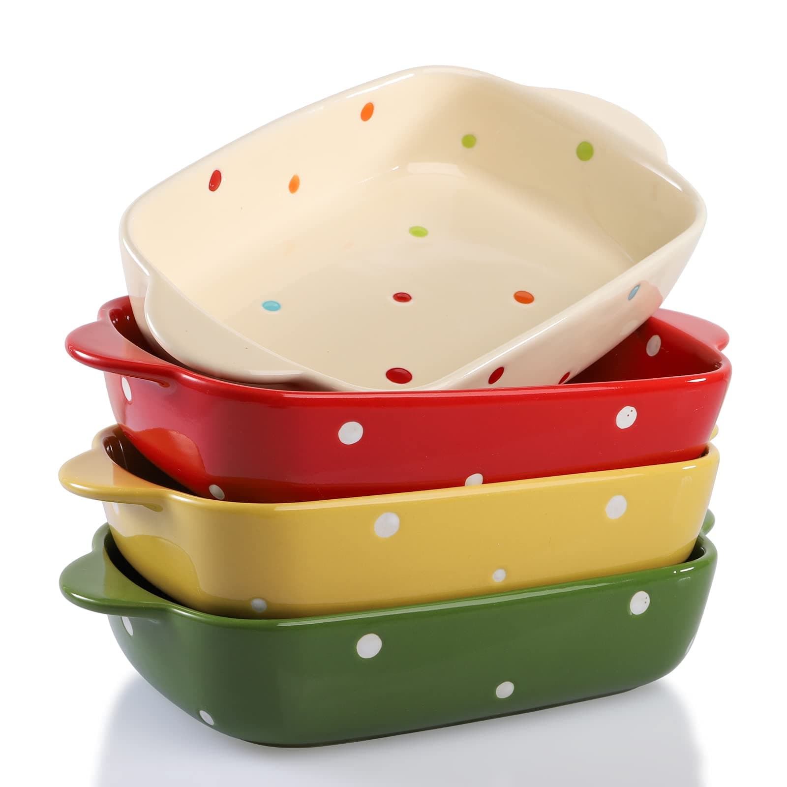 AVLA Set of 4 Ceramic Small Casserole Dishes, 7"x5" Porcelain Roasting Lasagna Pan, Individual Casserole Dishes Bakeware with Handle Rectangular Dish, Ceramic Baking Dish for Oven, 20 Oz, Polka Dot, Assorted Color