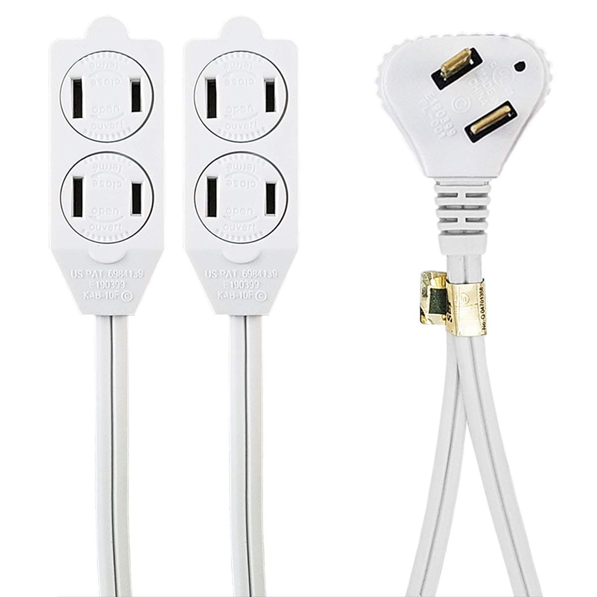 Uninex AC212UL Flat Angle Plug Extension Cord with Twin Tap, UL Listed, White, 12-Foot