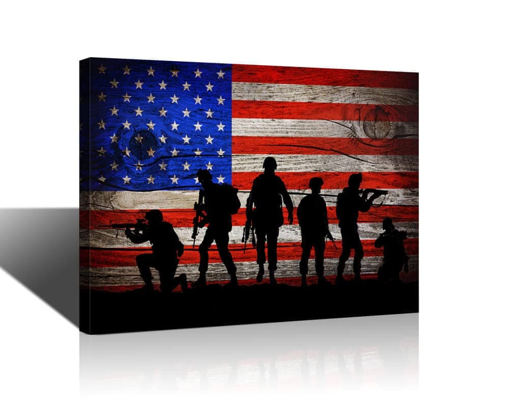 Canvas Print Wall Art Silhouette of American Soldiers with Flag on Wood Pop Wall Art Decor Canvas Prints Posters Pictures Artwork for Living Room Bedroom Home Decor Boy room Framed Ready to Hang