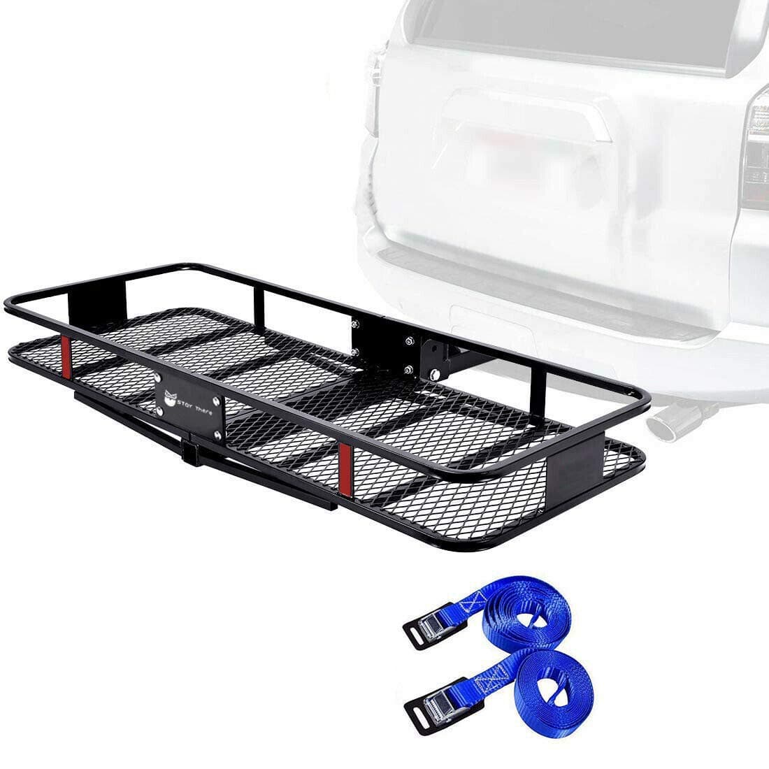 StayThere Hitch Mount Cargo Basket Steel Cargo Carrier for Vehicles with 2" Hitch Receiver 60" L x 22" W x 6" H and 500 Lbs Hauling Weight Capacity with 2 Packing Straps
