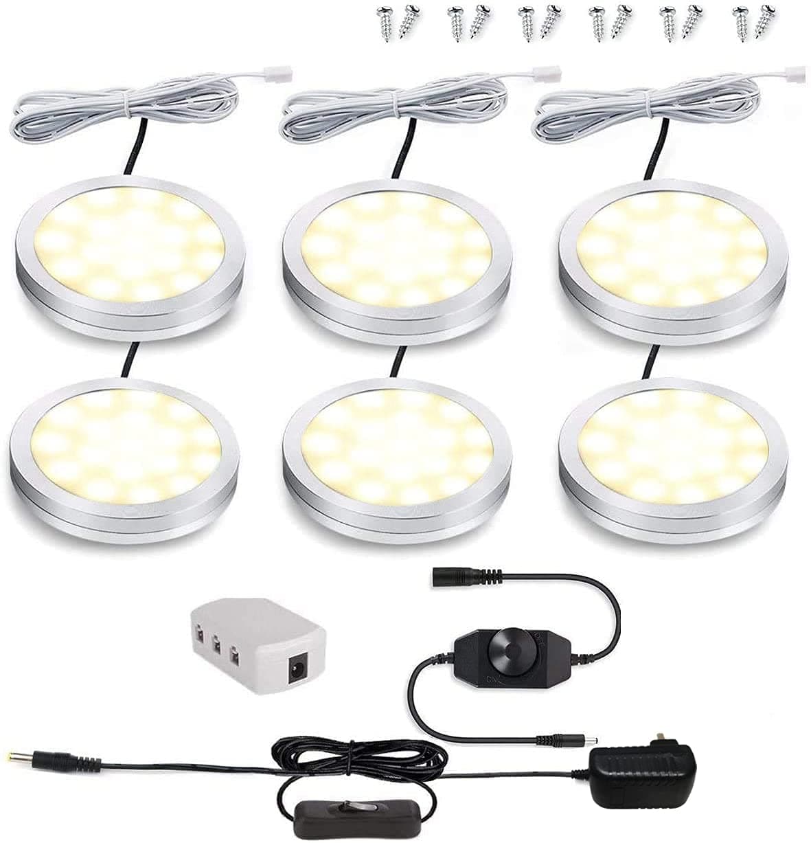 Cefrank Led Dimmable Puck Lights,Set of 6 Warm White Under Cabinet Lighting Kit w/Rotary Dimmer Switch, Total of 12W, LED Counter Light Above/in/Under Kitchen Closet Bookcase, Shelf
