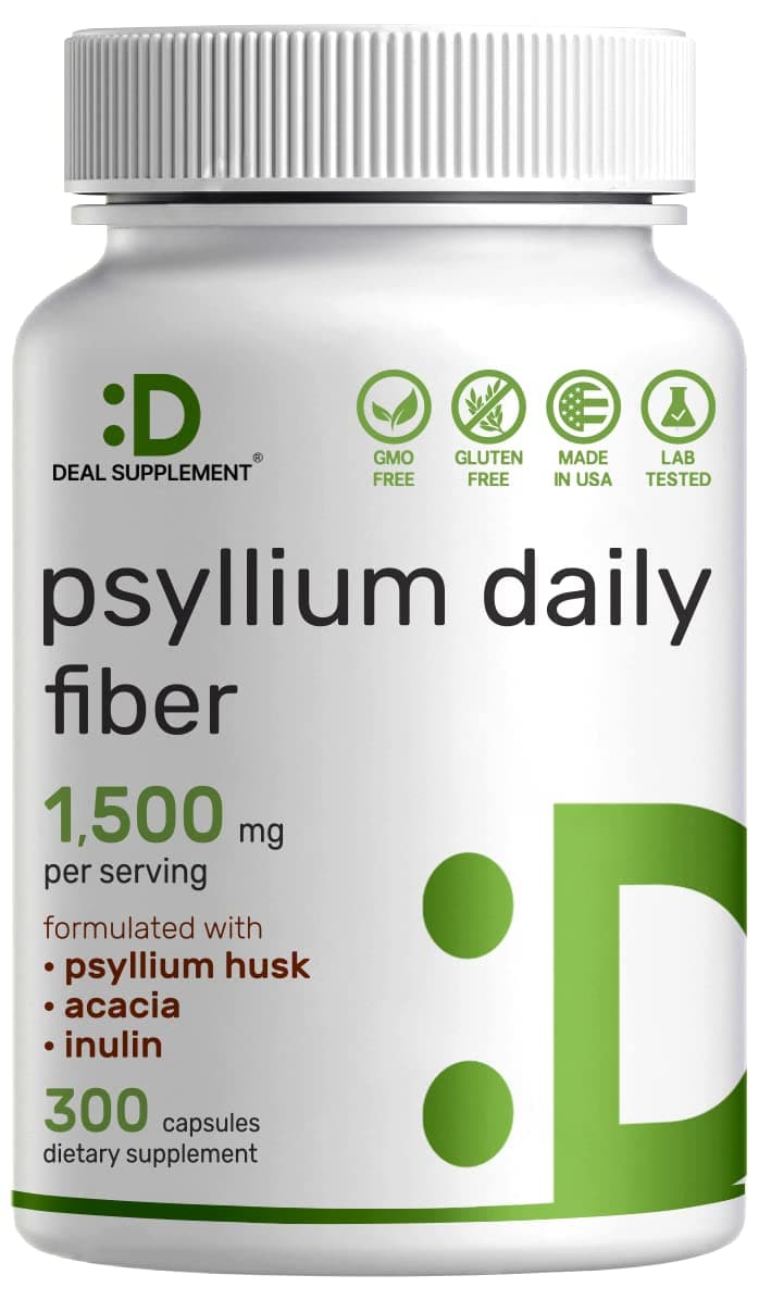 Psyllium Husk 1500mg Per Serving, 300 Capsules – 3 in 1 Fiber Supplement with Inulin & Acacia Complex – Natural Soluble Fiber, Supports Digestive Health* – Plant Based, Non-GMO