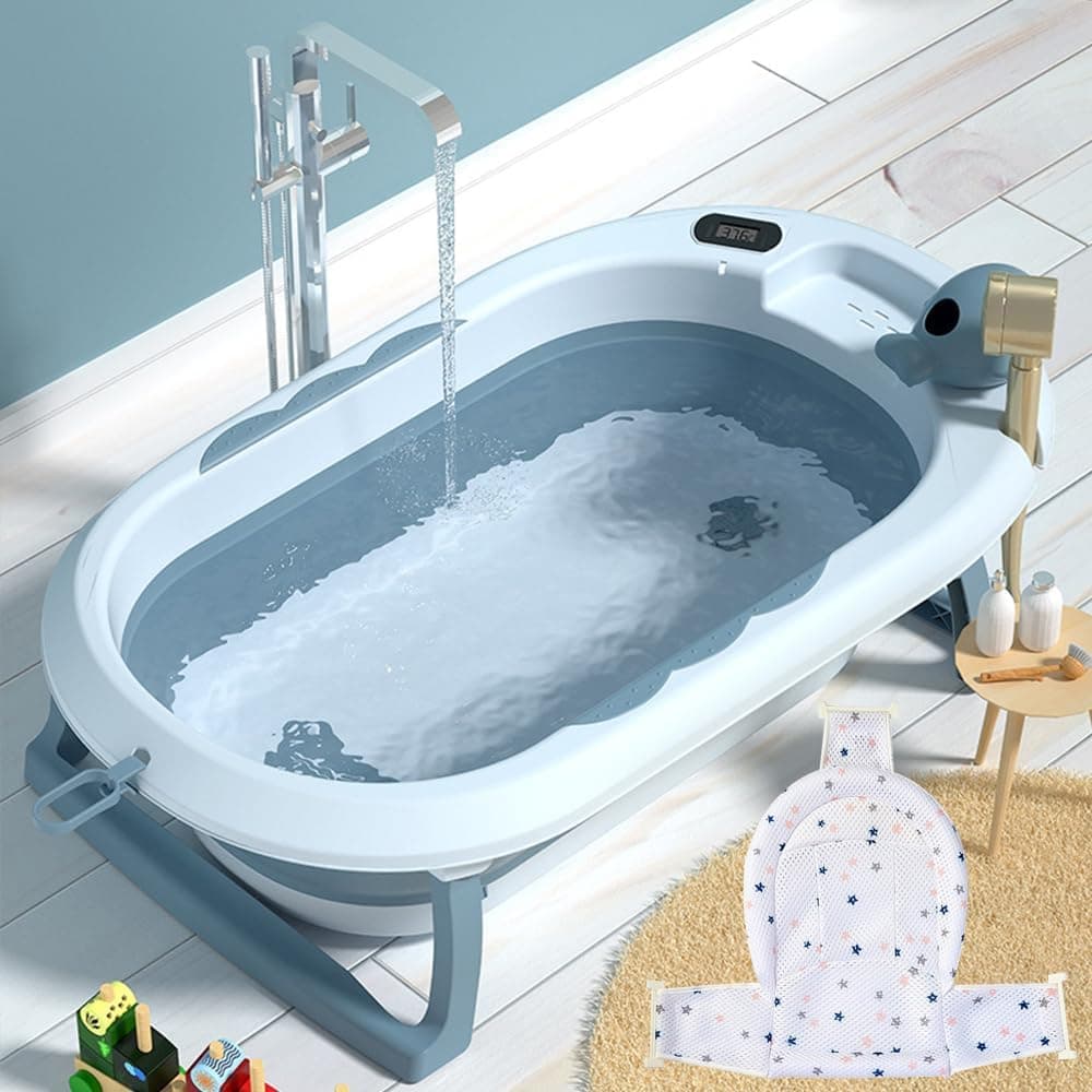 Multifunctional Large Foldable Anti Slip Baby Bath Tubs With Stand For 0-12 Months Infants Newborn Bathing Tubs & Seat Kids Toddler Portable Bathtub Collapsible With Mug, Thermometer Drain Hole