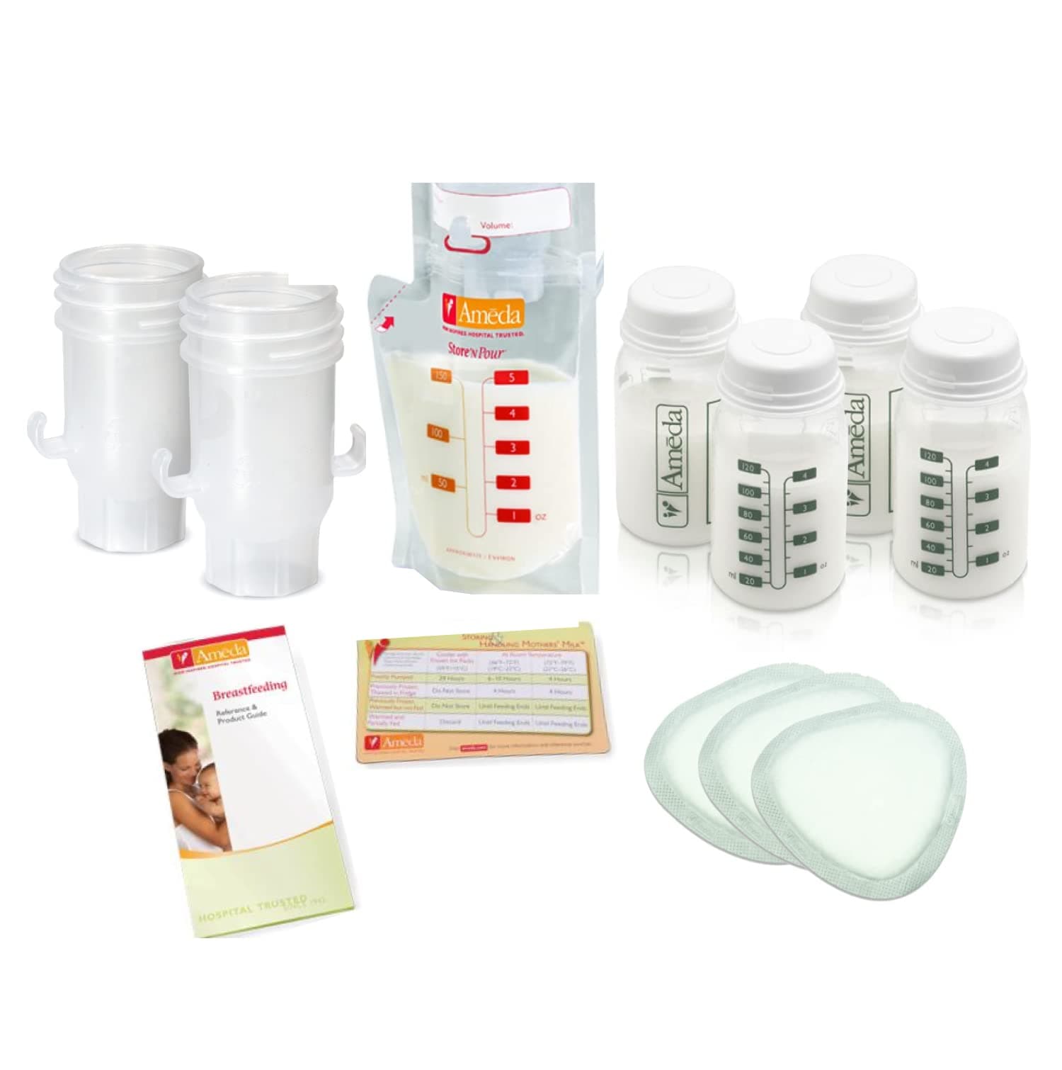 AmedaBreast Pumping Accessory Kit Includes: (10) NoShow Premium Disposable Nursing Pads, (20) Store 'N Pour Milk Bags with (2) Adapters, (4) Milk Storage Bottles, Milk Storage Guidelines