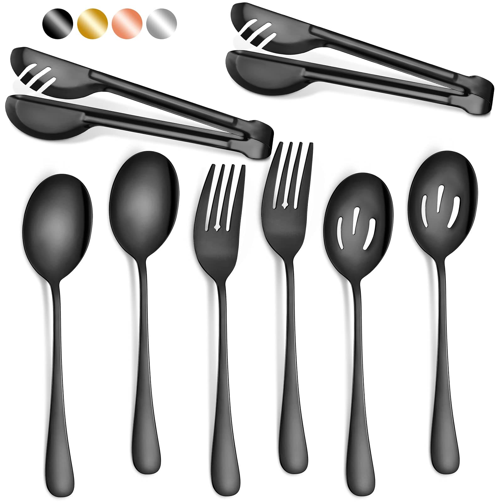 Patelai 8 Pieces Christmas Stainless Steel Black Serving Utensils Set 8.7" Large Spoons and Slotted Spoon 9.45" Tong 9" Forks Flatware Wedding Party Buffet Banquet Cooking Kitchen Catering