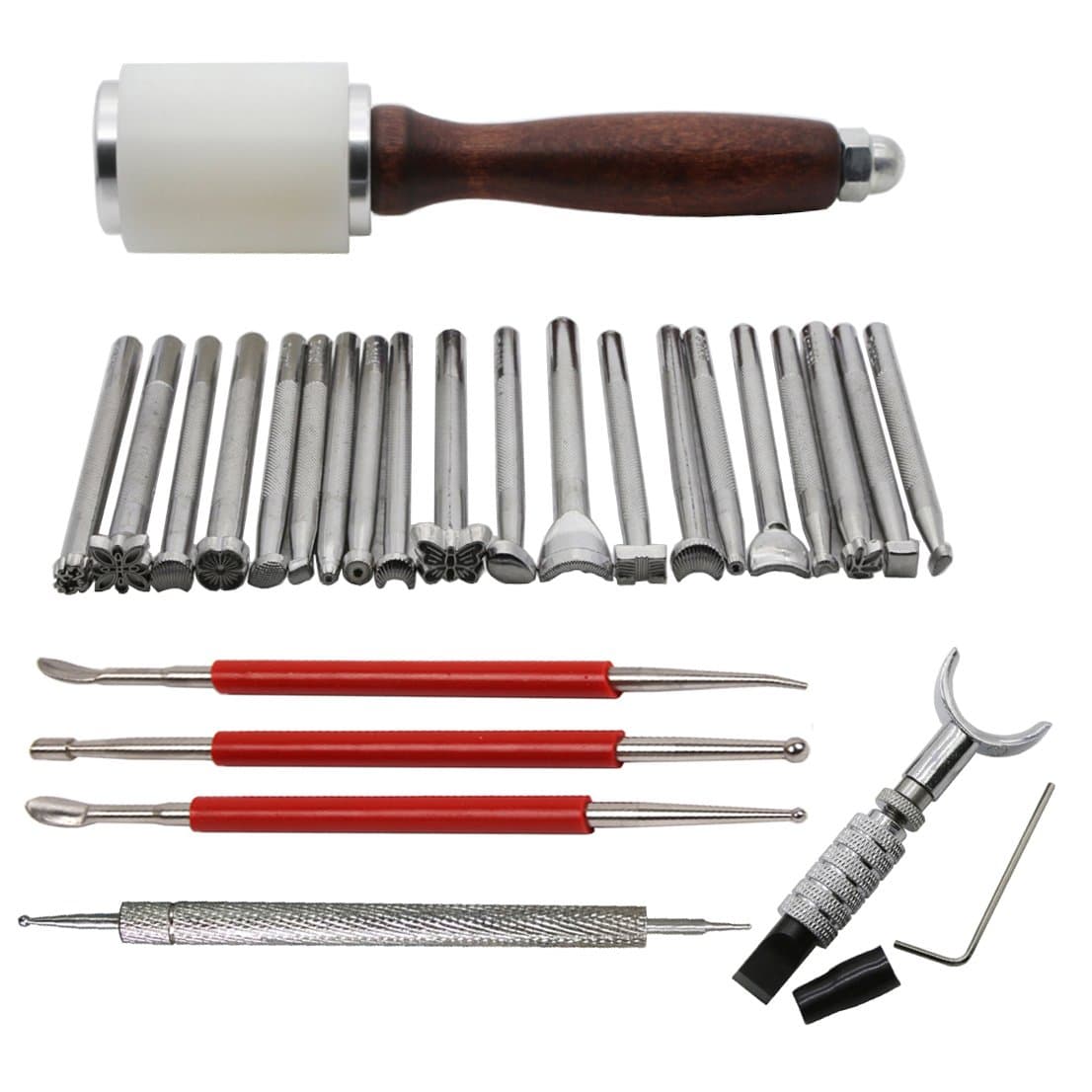 AMPSEVEN 20pcs Leather Carving Working Saddle Making Tools Set DIY Hammer Swivel Knife Leather Craft Modelling Splicing Embossing Press Stylus Pen & Dual Tipped Leather Craft Tool Modeling Point Pen