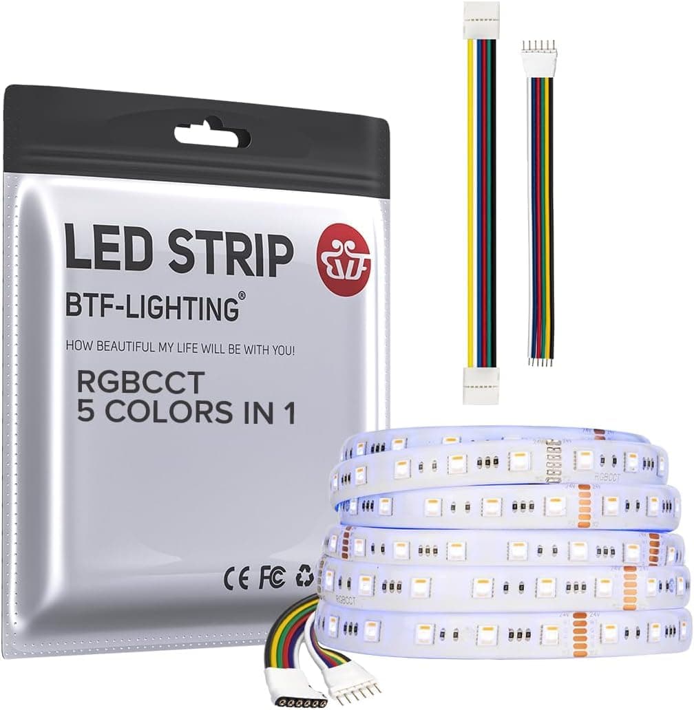 5in1 RGBCCT 5050 5M 60LEDs/m 300LEDs RGB+Cold+Warm White LED Strips DC24V Ip65 Waterproof White PCB 5 Colour in 1 LED for Room Garden Home Decoration(Strips Only)