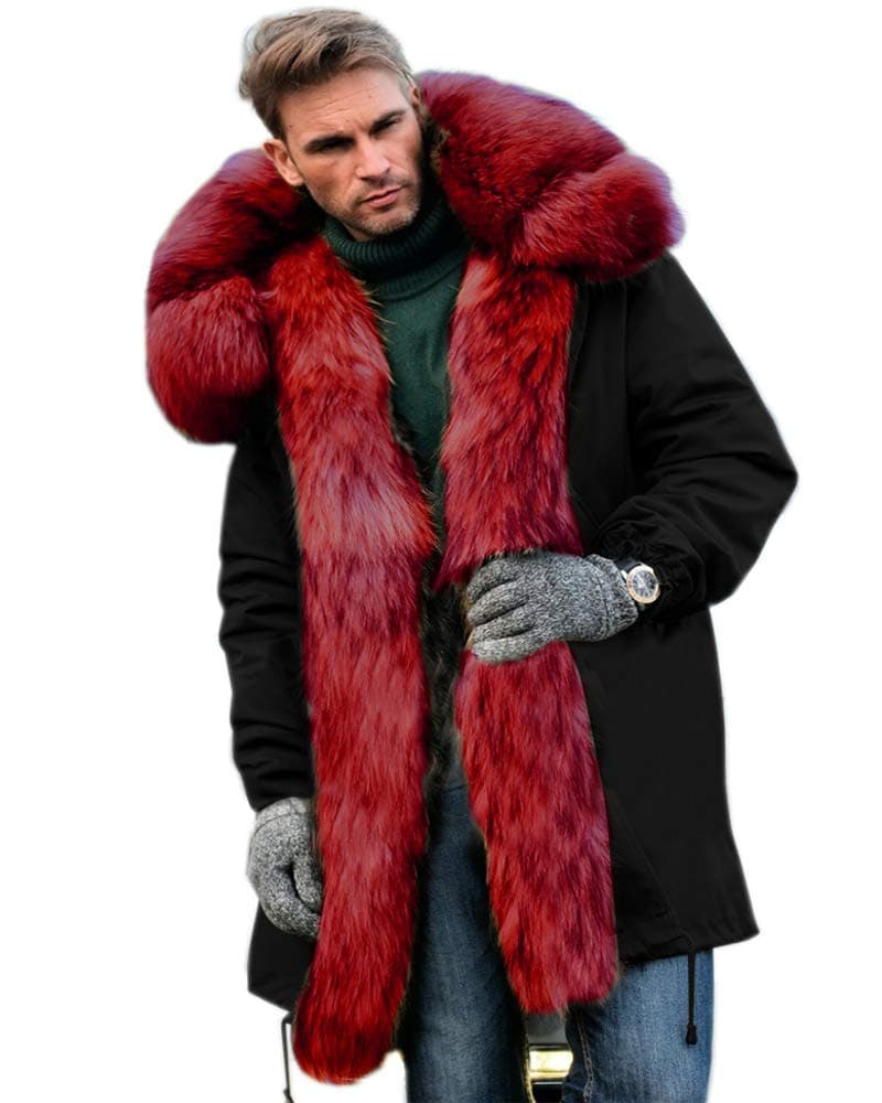 Mens Winter Warm Thick Faux Fur Slim Trench Coat Long Jacket Parka Hooded Pea Coat Winter Coat S-XXXL