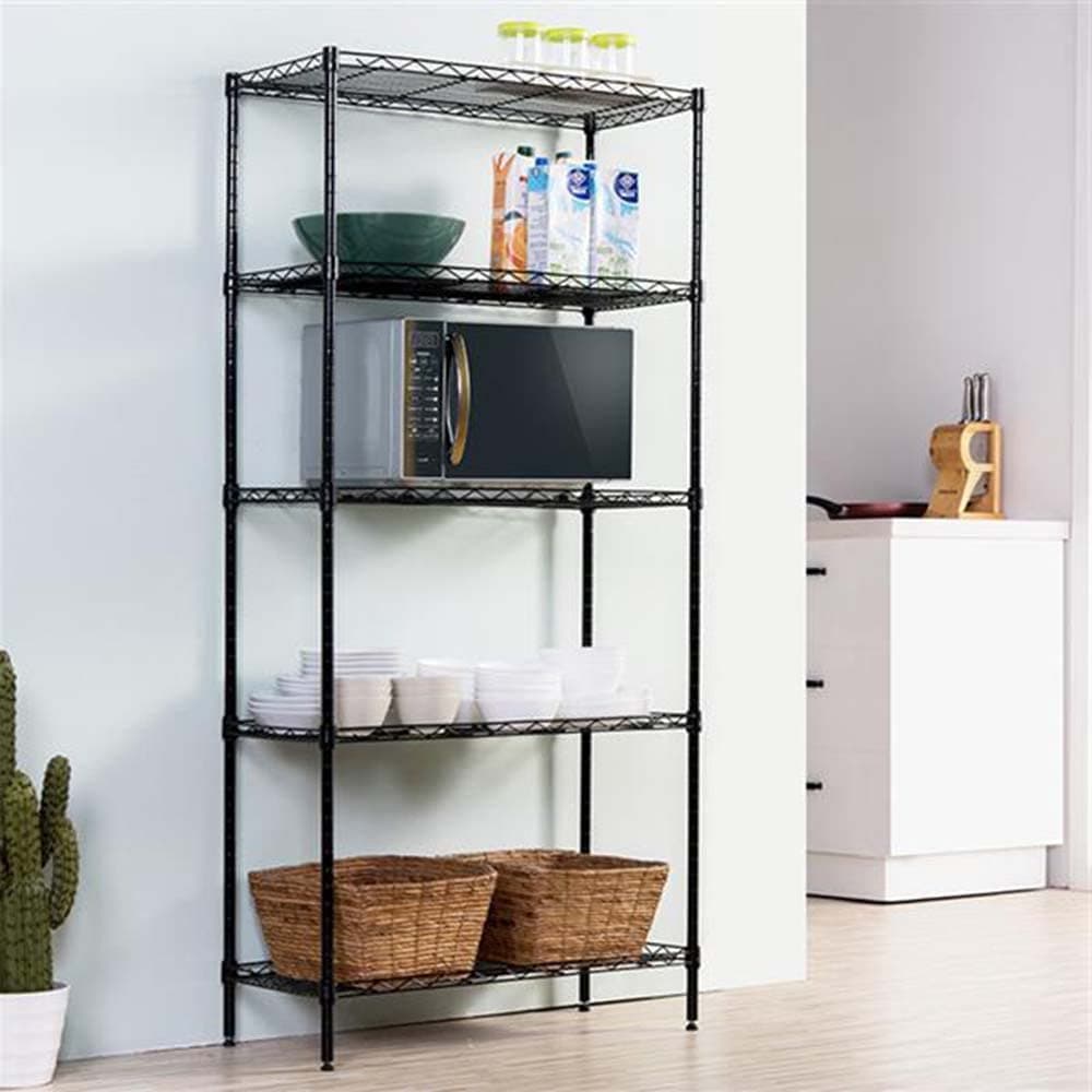 BEONE DIY Height Adjustable Metal Wire Storage Shelving Shelves Rack Unit for Home Bathroom Kitchen Office Warehouse Garage, Black, Max 5 Tier (Black)