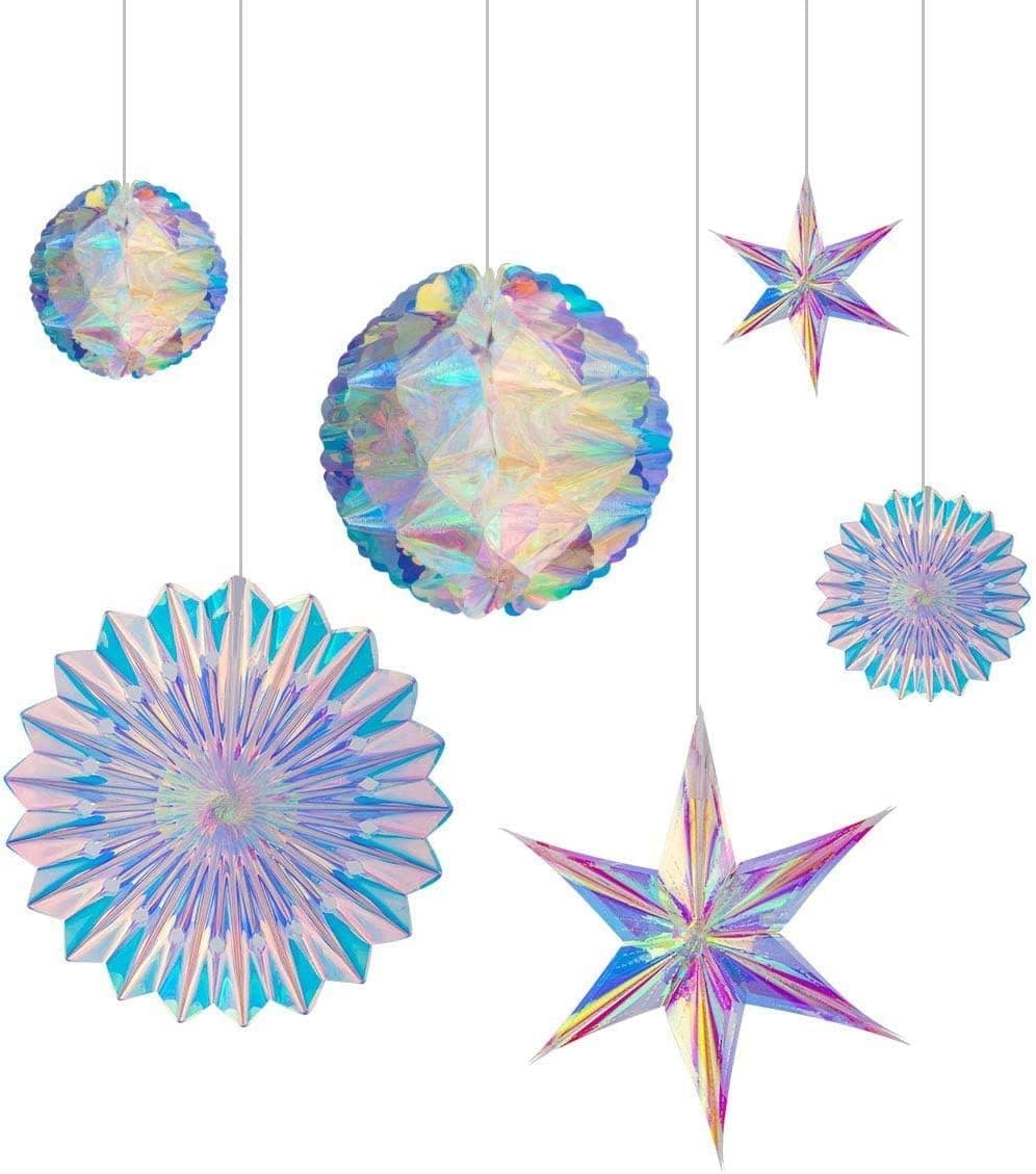 Iridescent Party Decorations, Hanging Honeycomb Balls, Paper Fans & 3D Star Ornaments, Holographic Ceiling Decor for Birthday, Wedding, Baby Shower, Christmas, Disco & Euphoria Theme Parties