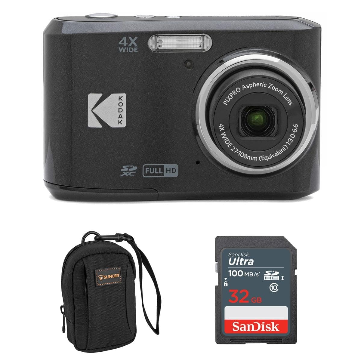 PIXPRO FZ45 Friendly Zoom 16MP Full HD Digital Camera, Black, Bundle with 32GB Memory Card and Camera Bag