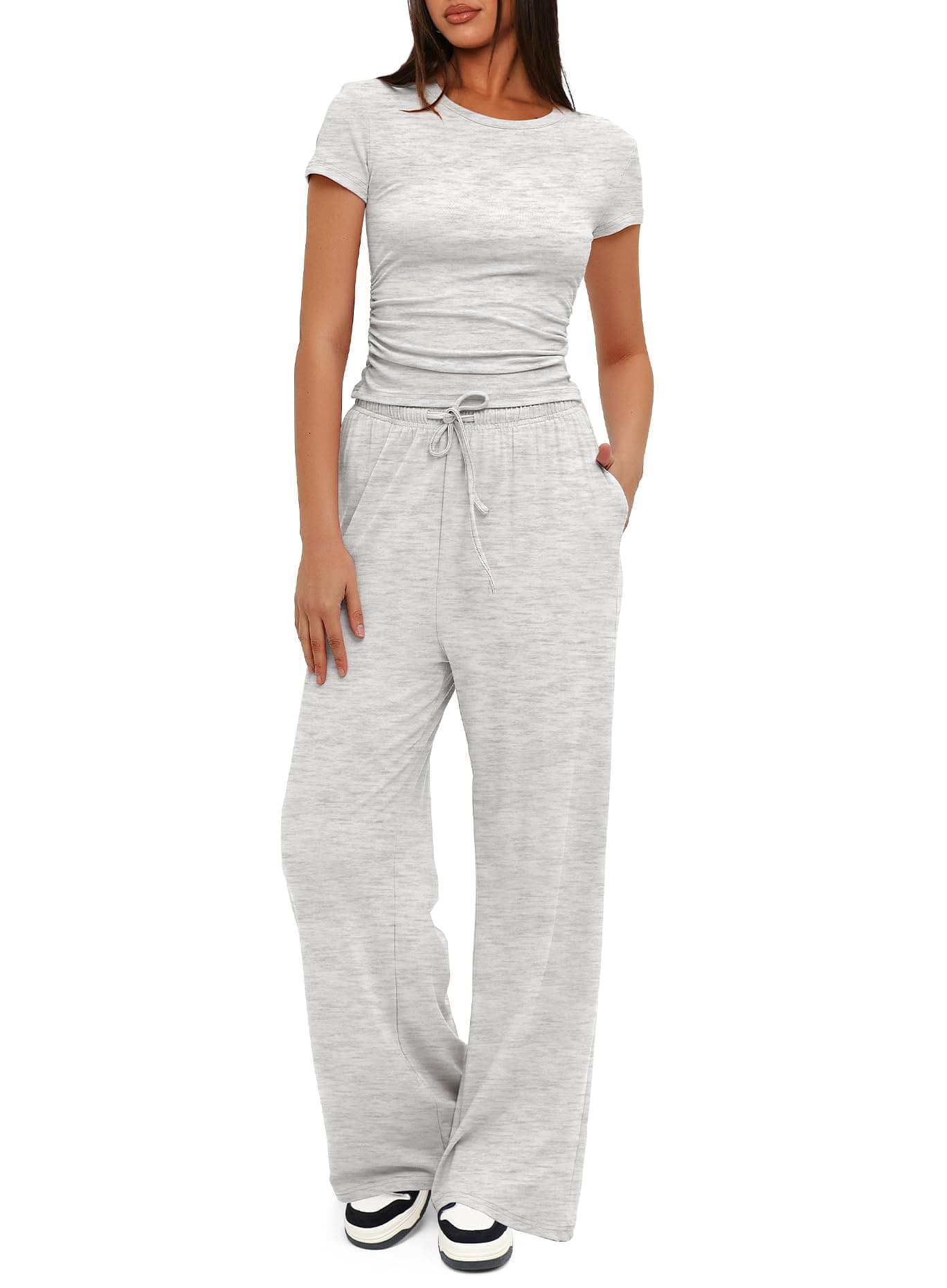 Women's 2 Piece Set Outfits Lounge Sets Ruched Short Sleeve Tops High Waisted Wide Leg Pants Tracksuit Sets