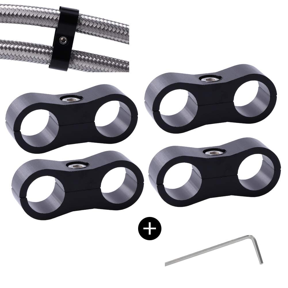 AN6 Hose Separator Clamp Dual Fuel Line Clamp, Great for 3/8 Fuel Hose, Aluminum Hose Clamp for Fuel Hose, Oil Line, Automobile Pipeline, Water Pipe and Gas Line 4pcs Black (AN6)