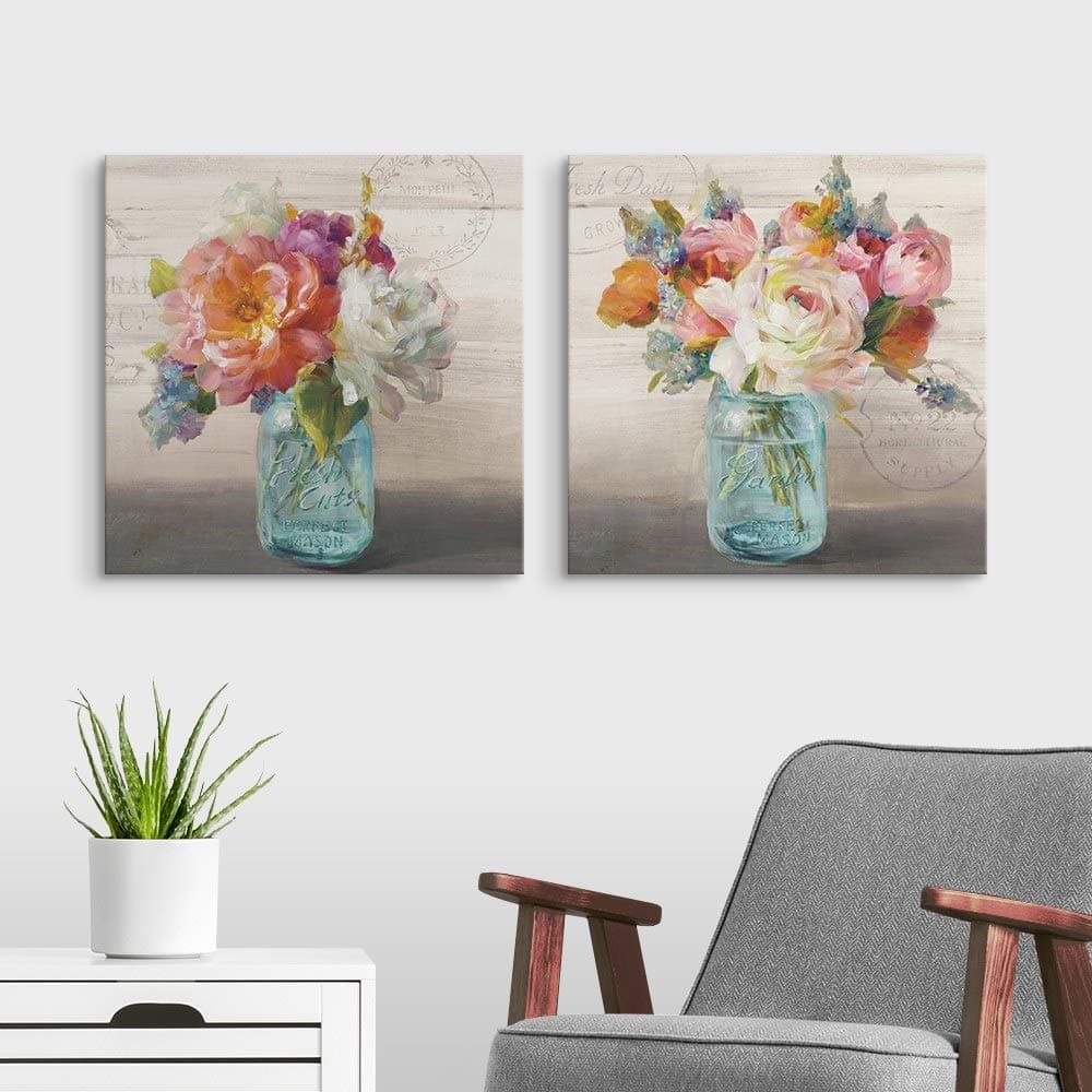 CANVAS ON DEMAND 2-Piece French Cottage Bouquet Canvas Wall Art Print Set, Fresh Garden Flowers in Mason Jar Artwork, Floral Home Decor
