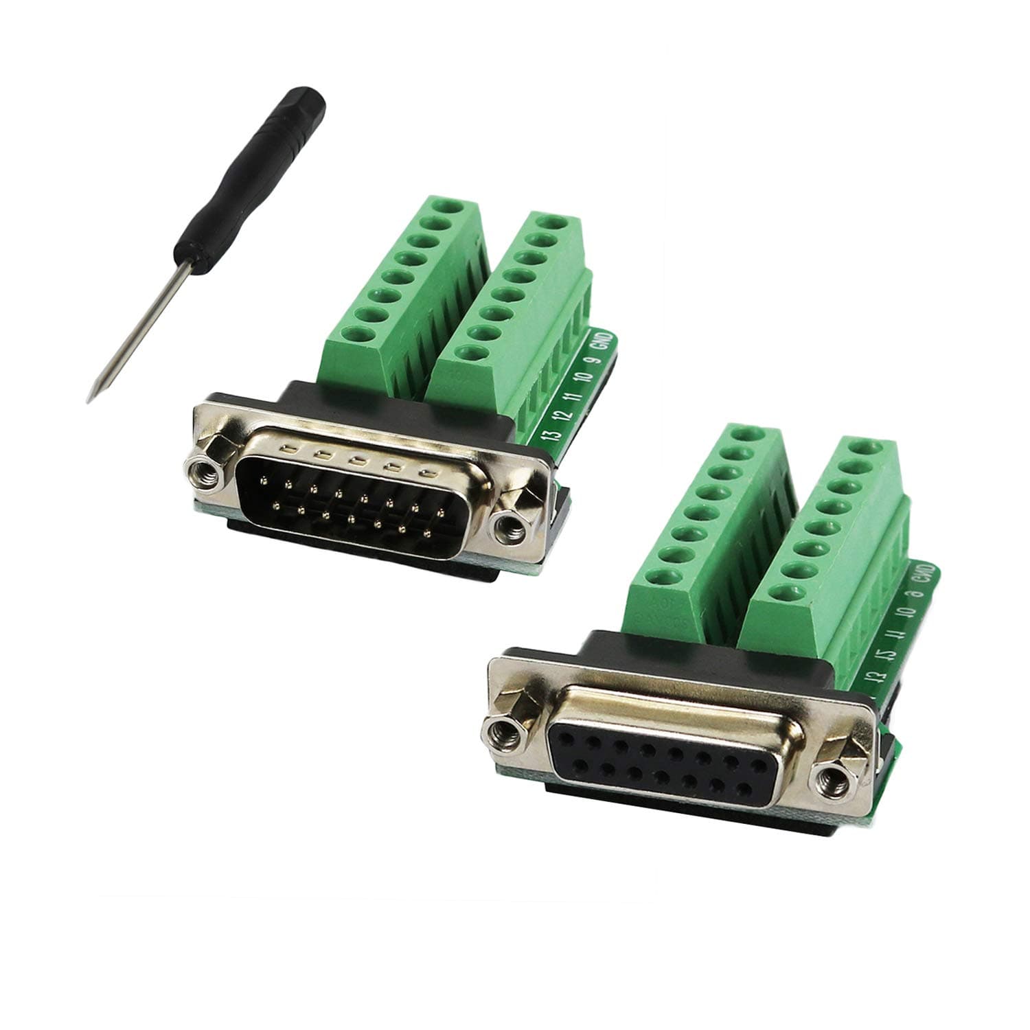 Twinkle Bay DB15 Connector to Wiring Terminal Db15 Breakout Board Solder-Free (Male Adapter x 1, Female Adapter x 1 with Nut)