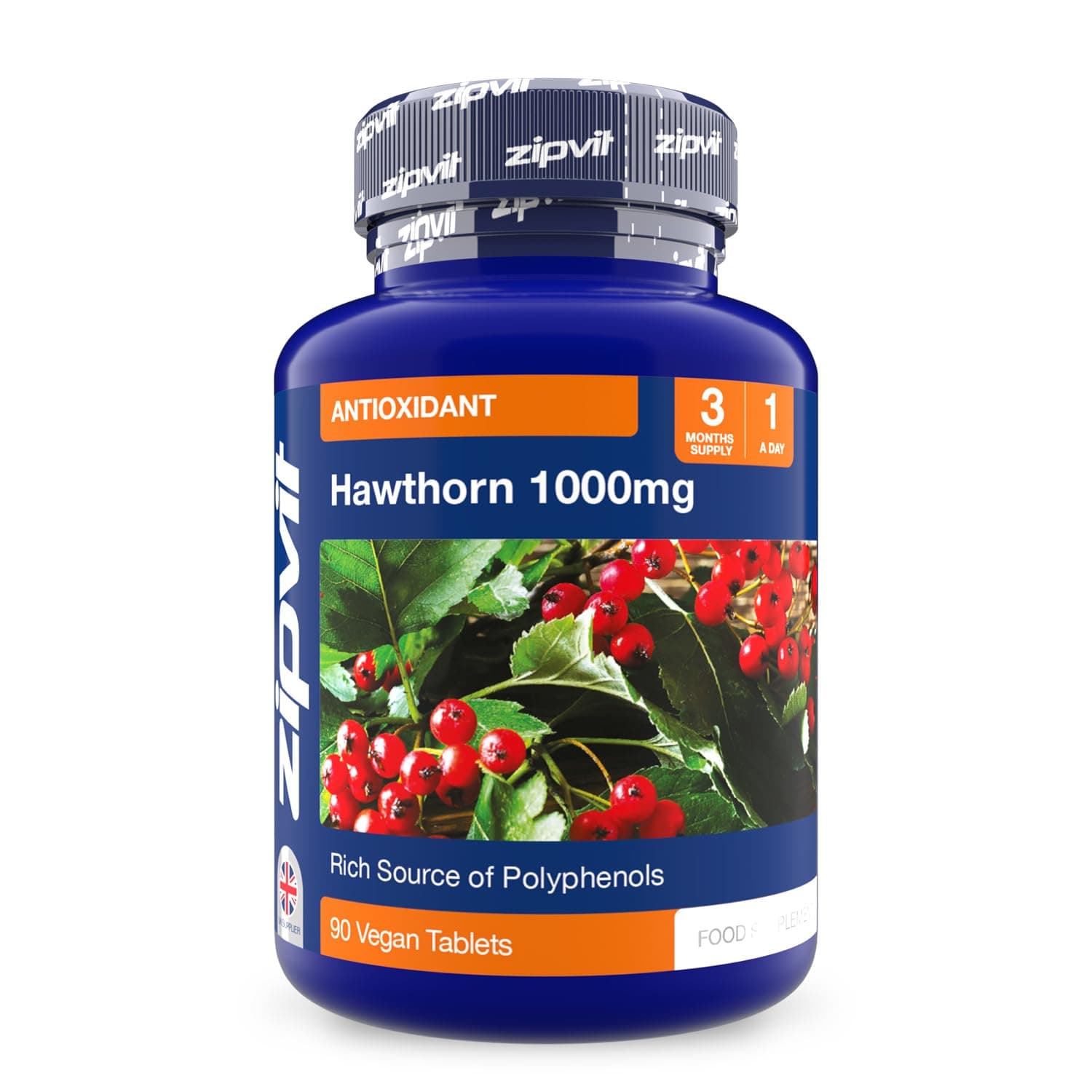 ZIPVIT Hawthorn 1000mg, 90 Vegan Hawthorn Tablets. 3 Months Supply.