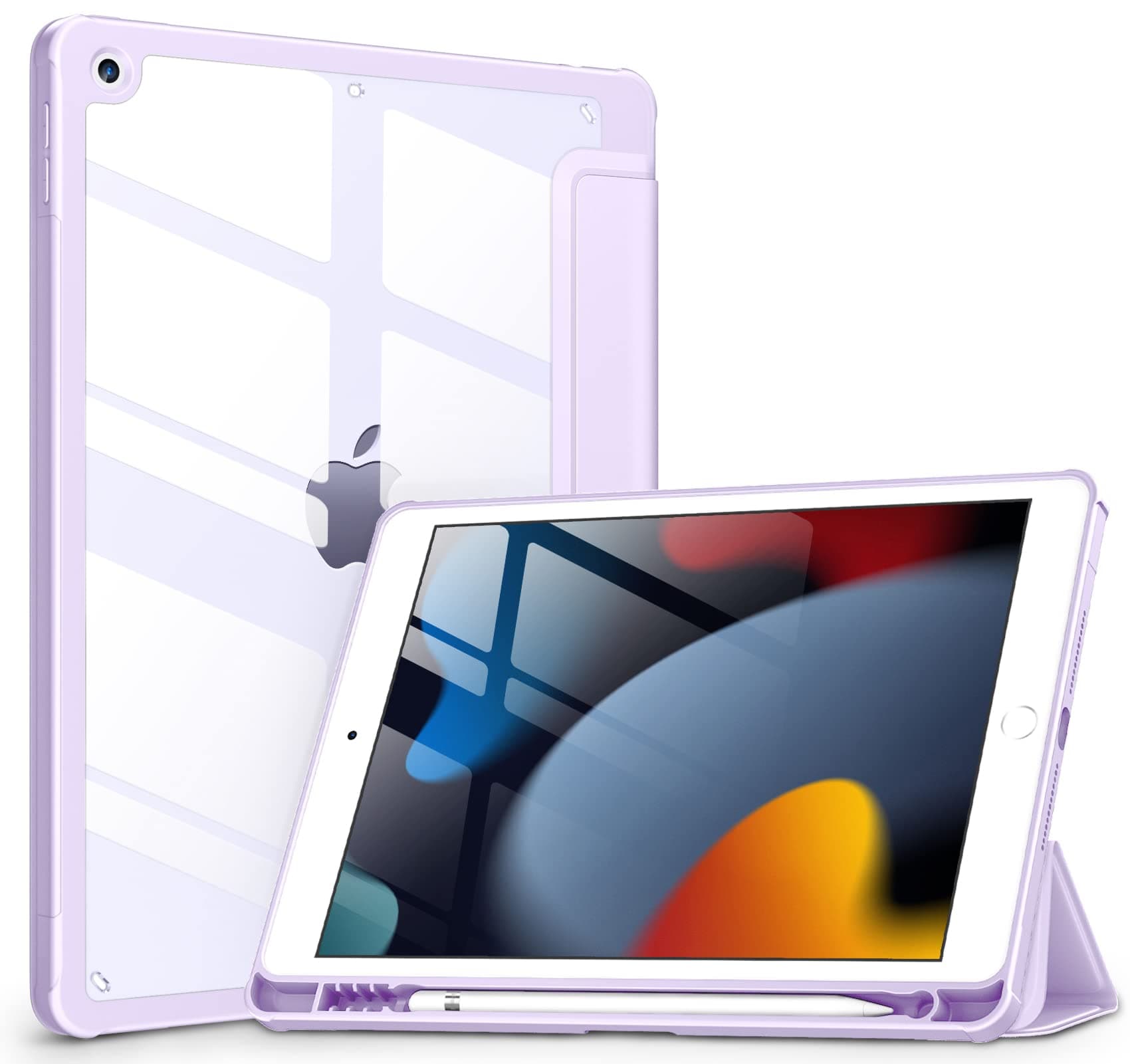 VIKESI Case for iPad 9th / 8th / 7th Generation 10.2 inch (2021/2020/2019 Released), Clear Back, TPU Shockproof Frame Cover[Built-in Pencil Holder,Support Auto Sleep/Wake] for ipad 10.2-Light Purple